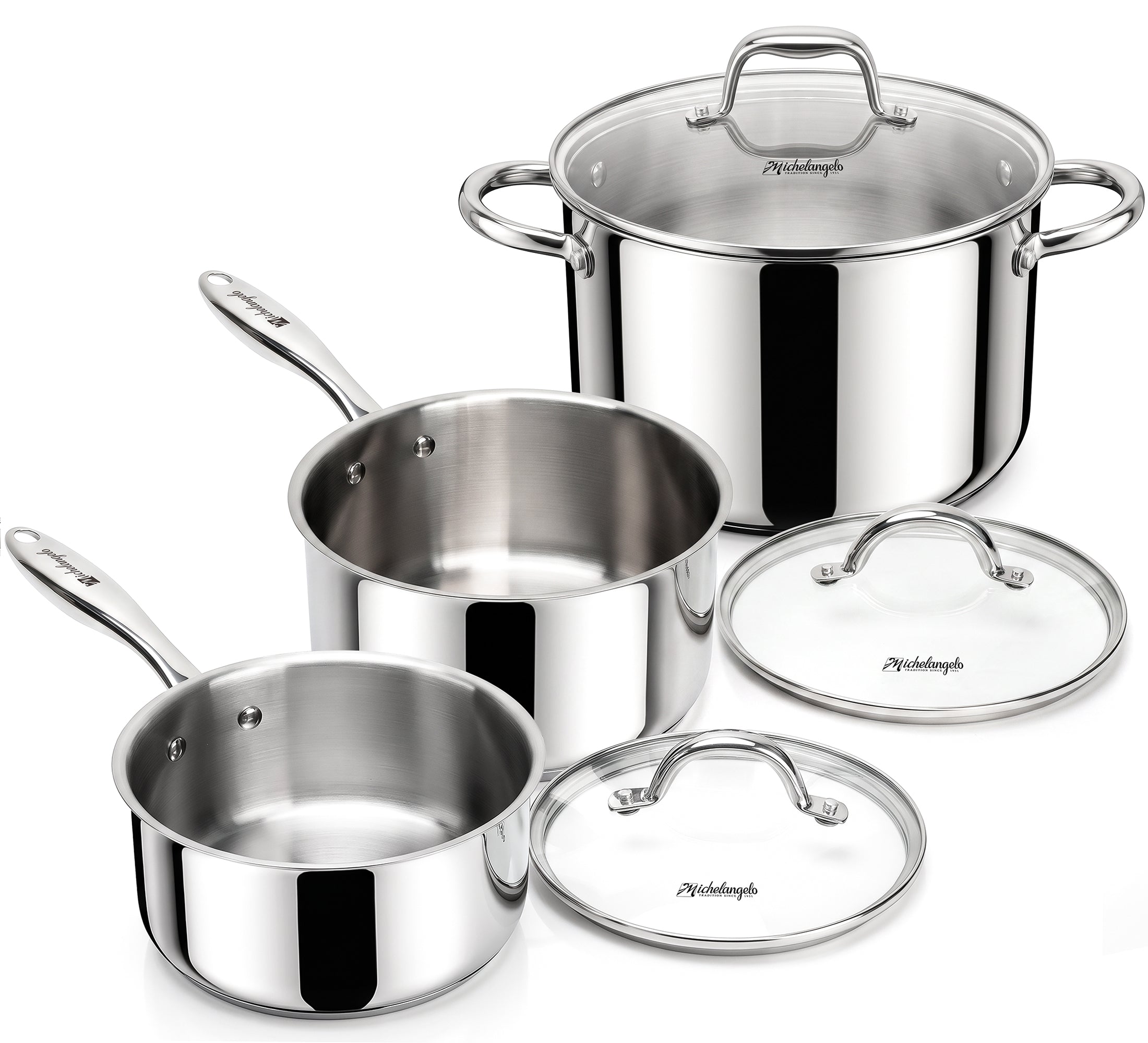 MICHELANGELO Stainless Steel Sauce Pot Set with Steamer 5Pcs, 18/10 Saucepan Set
