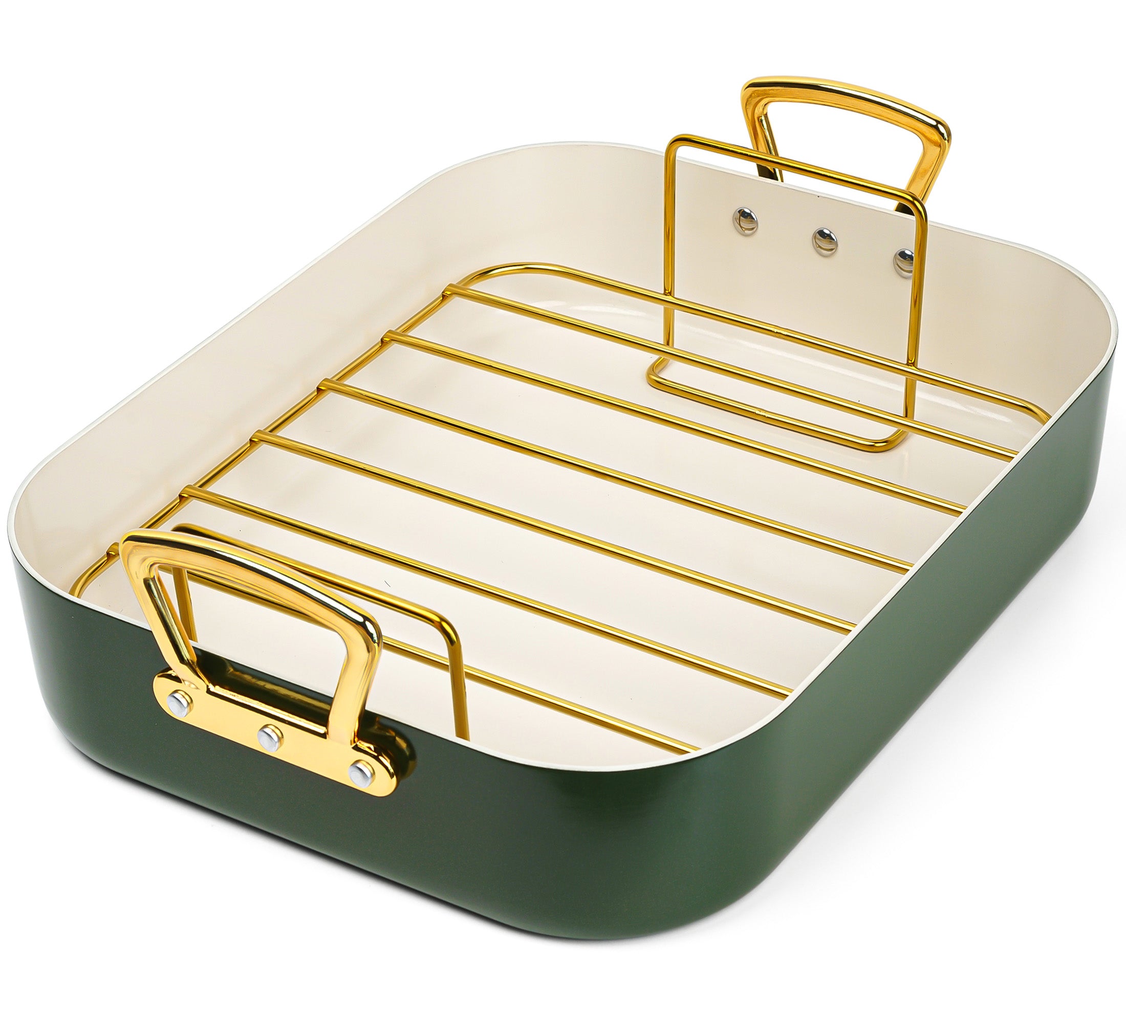 MICHELANGELO Turkey Roasting Pan with Rack, 15 x 13 Inch, Olive Green/Gold