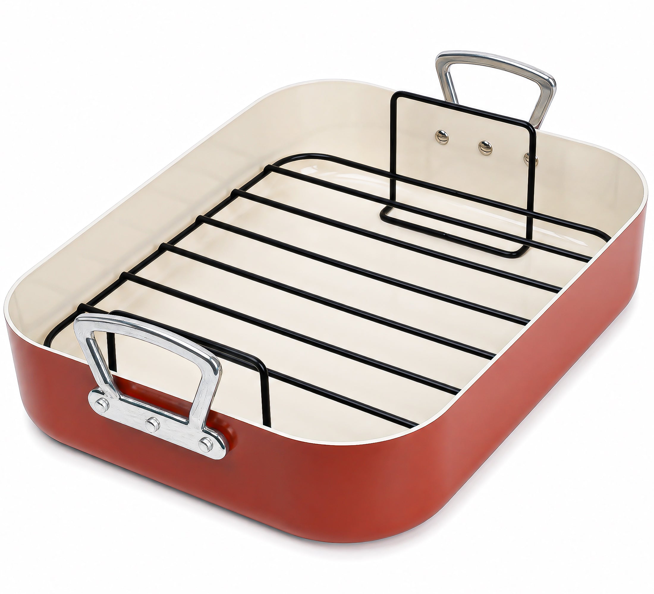 MICHELANGELO Ceramic Roasting Pan with Rack, 15 x 13 Inch, Brick Red