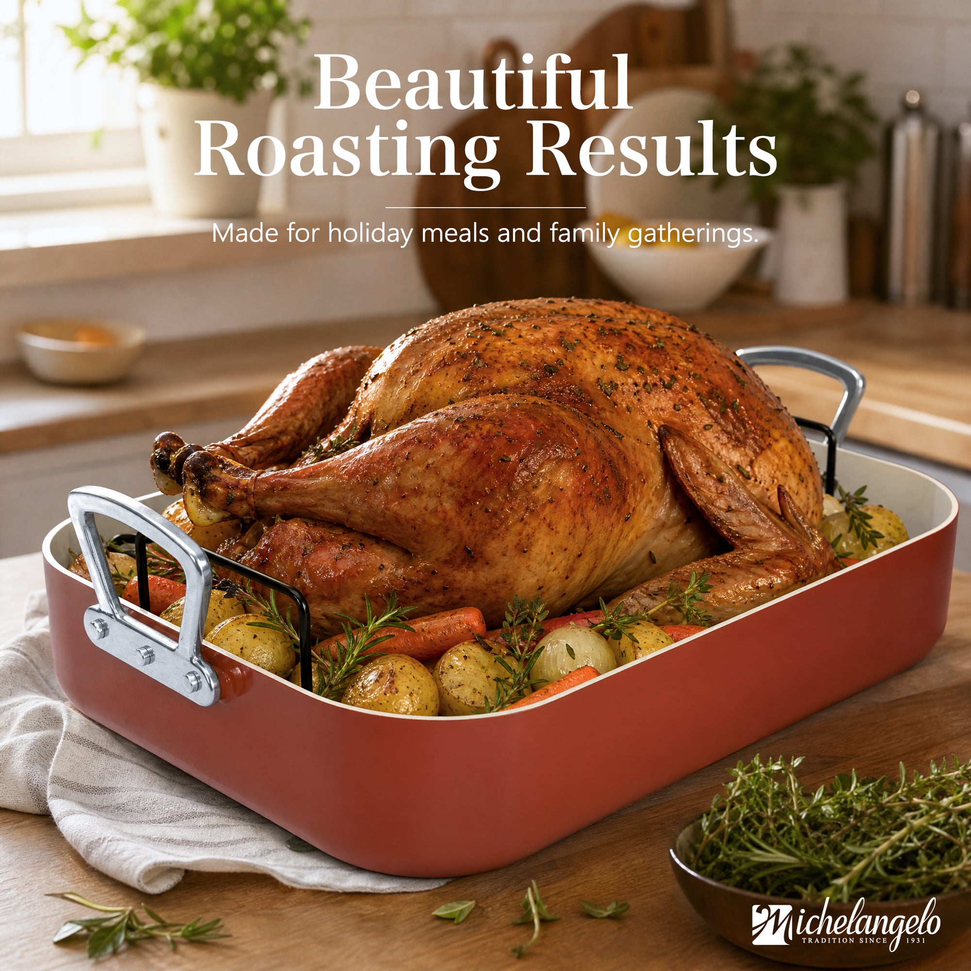 MICHELANGELO Ceramic Roasting Pan with Rack, 15 x 13 Inch, Brick Red