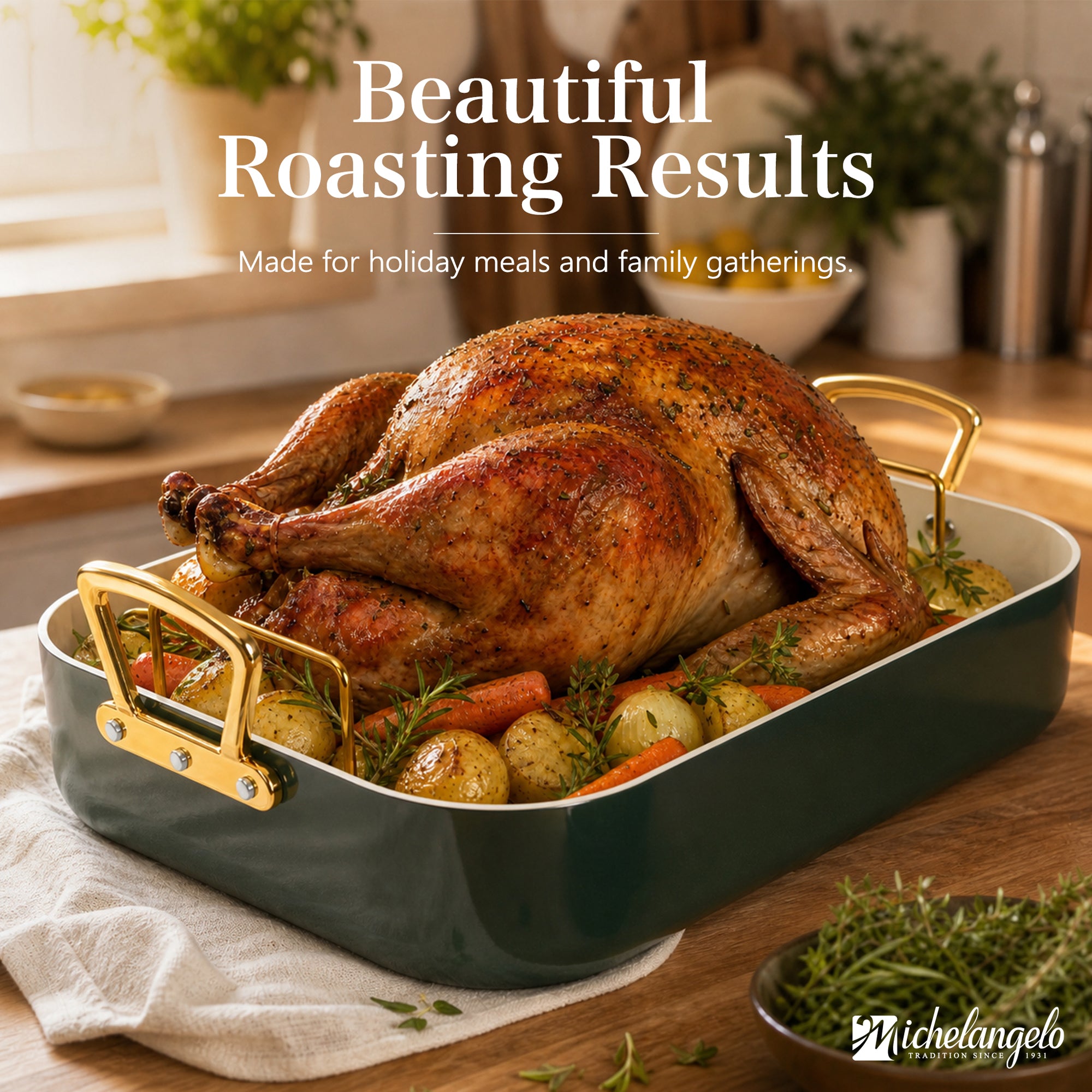 MICHELANGELO Turkey Roasting Pan with Rack, 15 x 13 Inch, Olive Green/Gold