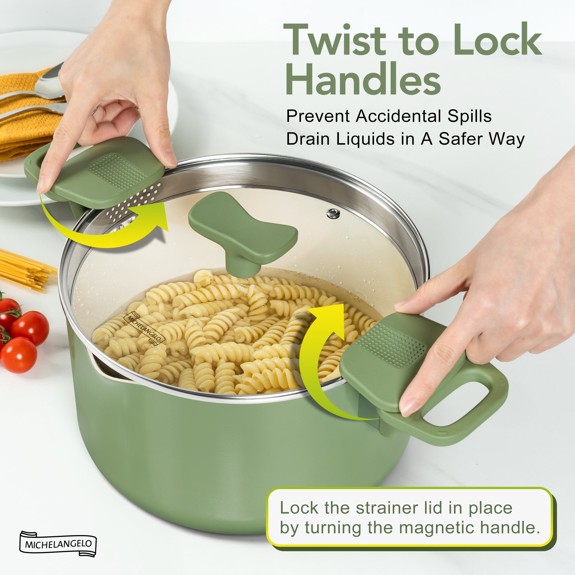 MICHELANGELO Pasta Pot with Strainer Lid- 6 Quart Non Stick  Cooking Pot Roden Green
