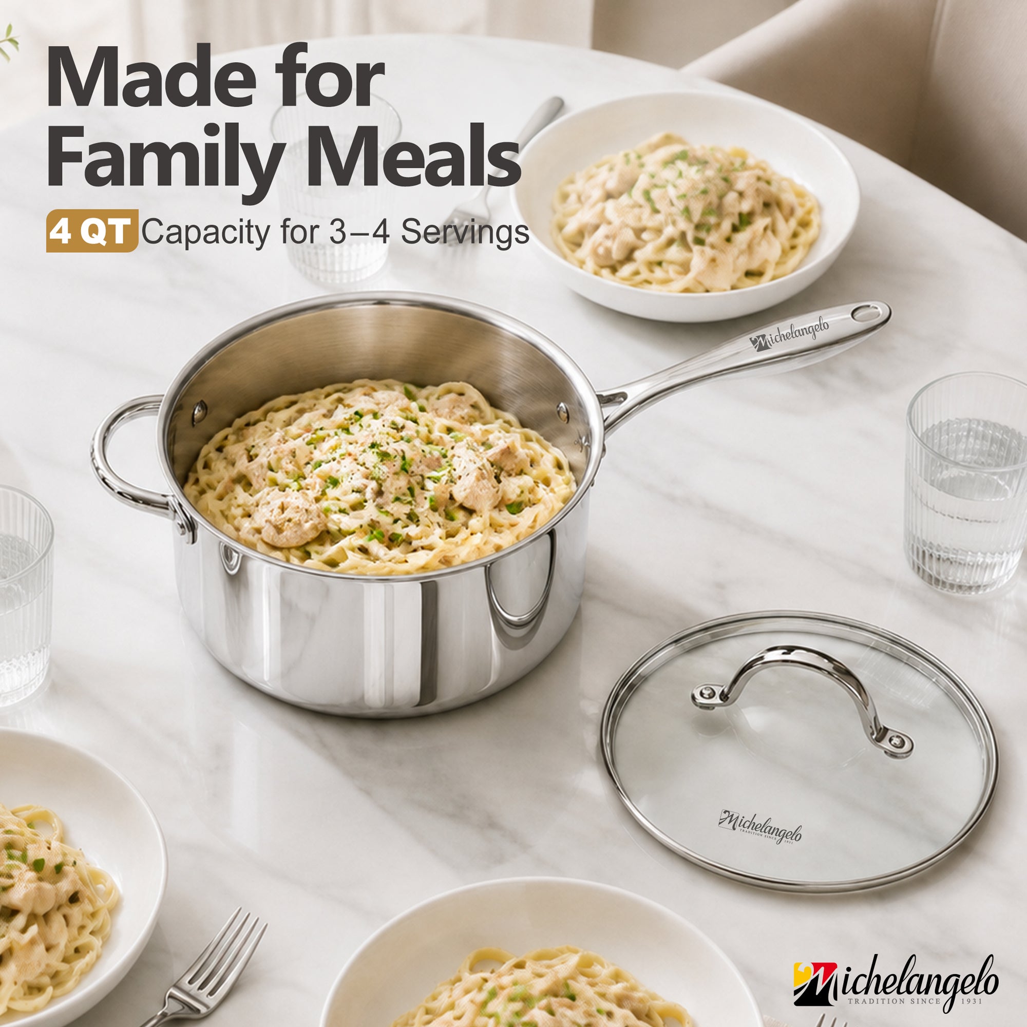 MICHELANGELO 4QT Tri-Ply Stainless Steel Saucepan with Lid, Helper Handle