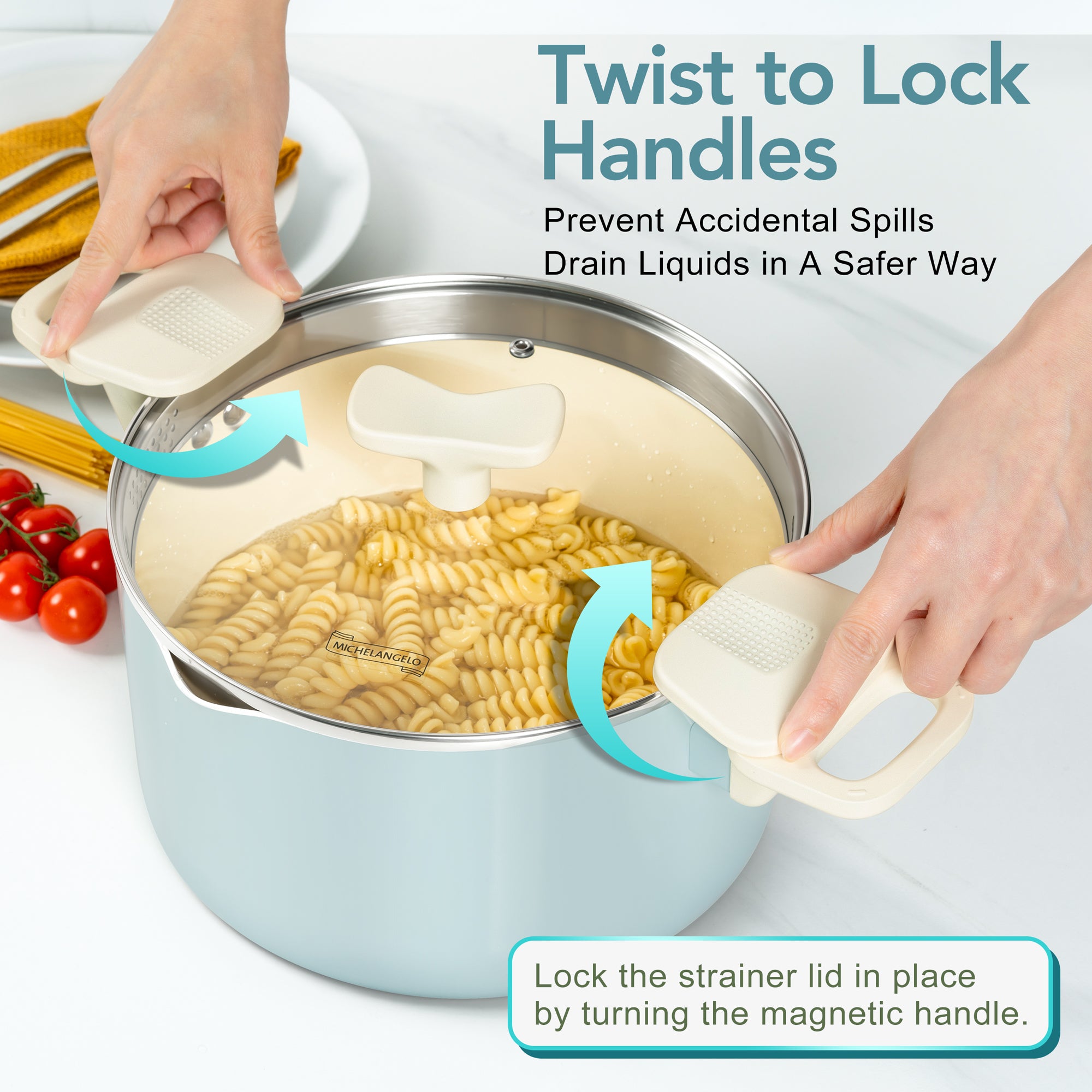 MICHELANGELO Pasta Pot with Strainer Lid- 6 Quart Non Stick  Cooking Pot Soft Aqua