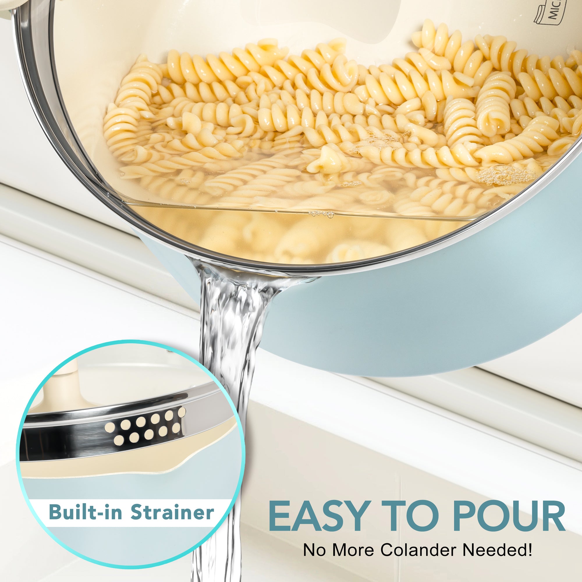 MICHELANGELO Pasta Pot with Strainer Lid- 6 Quart Non Stick  Cooking Pot Soft Aqua