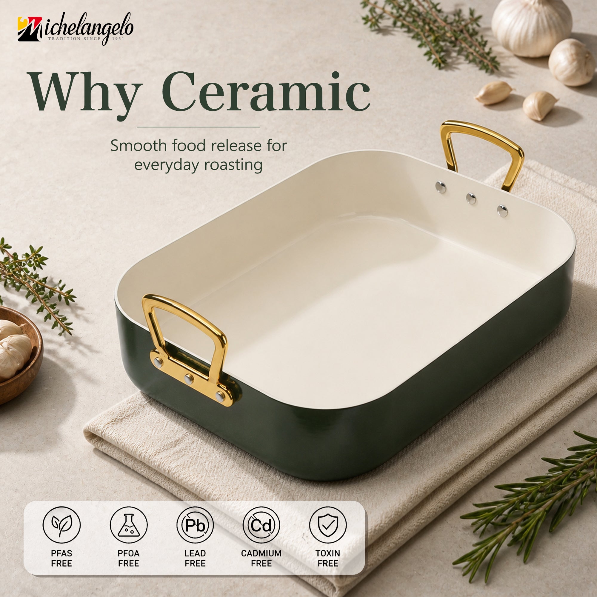 MICHELANGELO Turkey Roasting Pan with Rack, 15 x 13 Inch, Olive Green/Gold