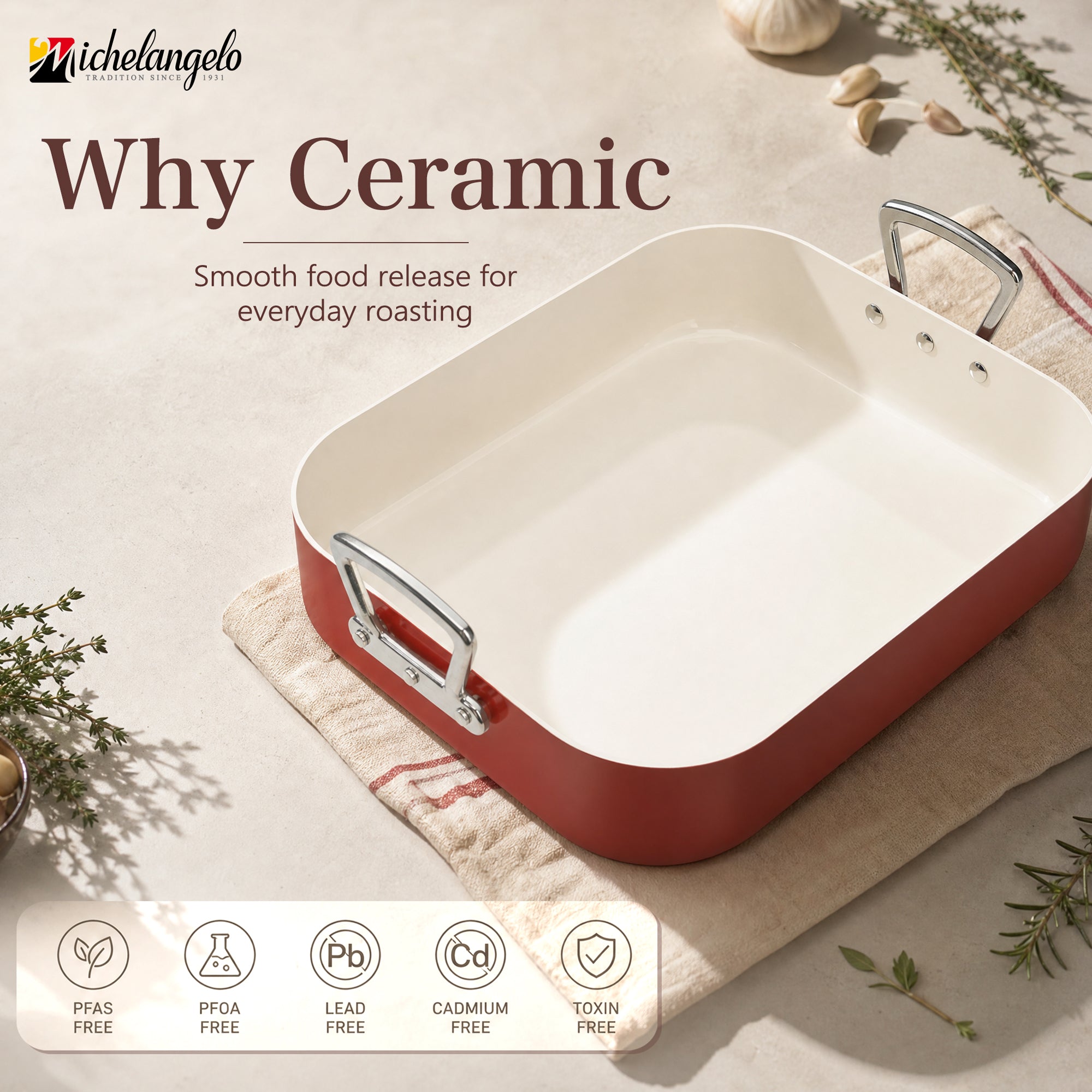 MICHELANGELO Ceramic Roasting Pan with Rack, 15 x 13 Inch, Brick Red