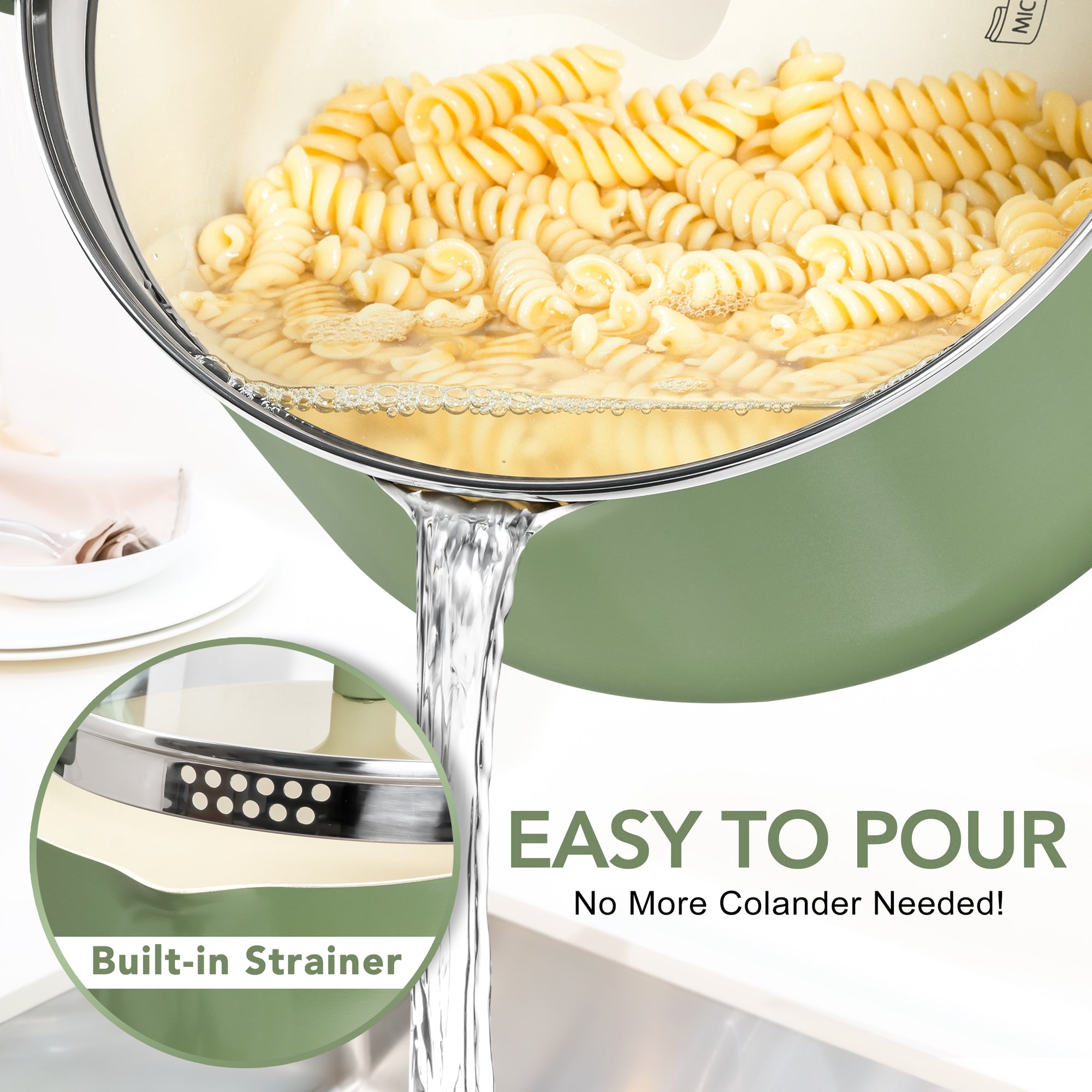 MICHELANGELO Pasta Pot with Strainer Lid- 6 Quart Non Stick  Cooking Pot Roden Green