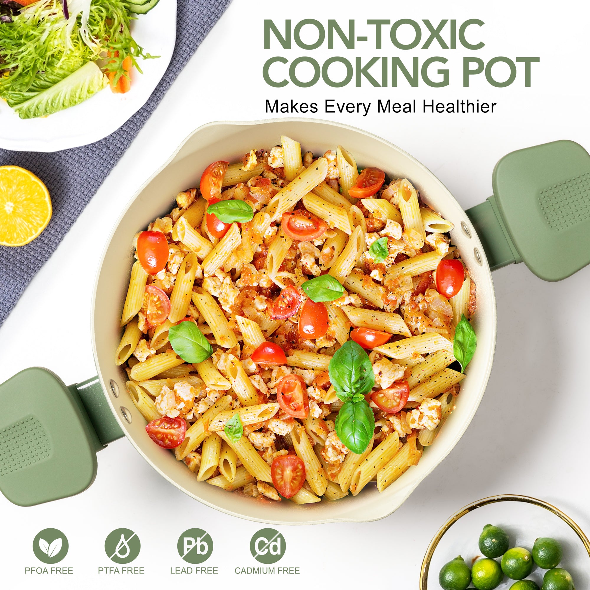 MICHELANGELO Pasta Pot with Strainer Lid- 6 Quart Non Stick  Cooking Pot Roden Green