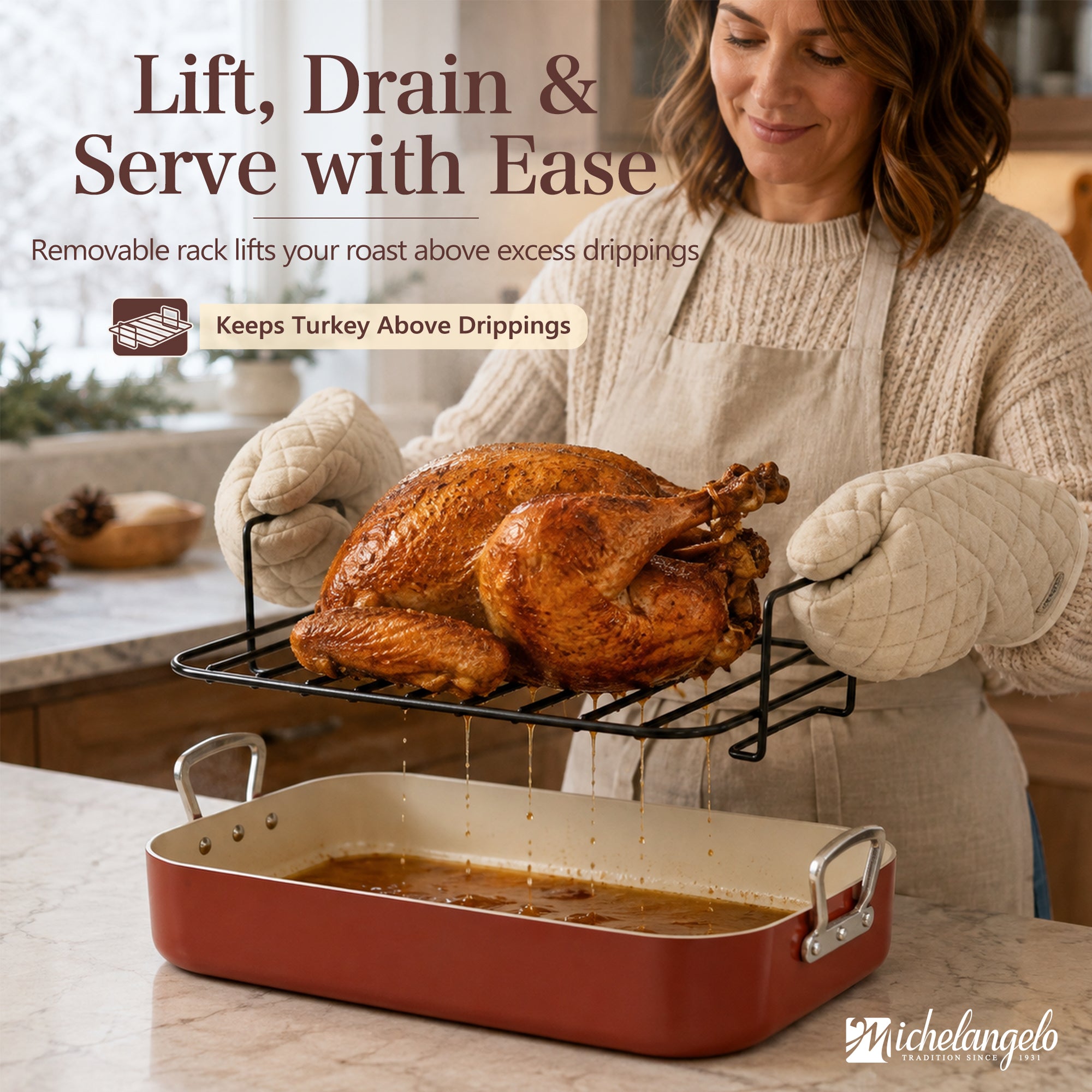 MICHELANGELO Ceramic Roasting Pan with Rack, 15 x 13 Inch, Brick Red