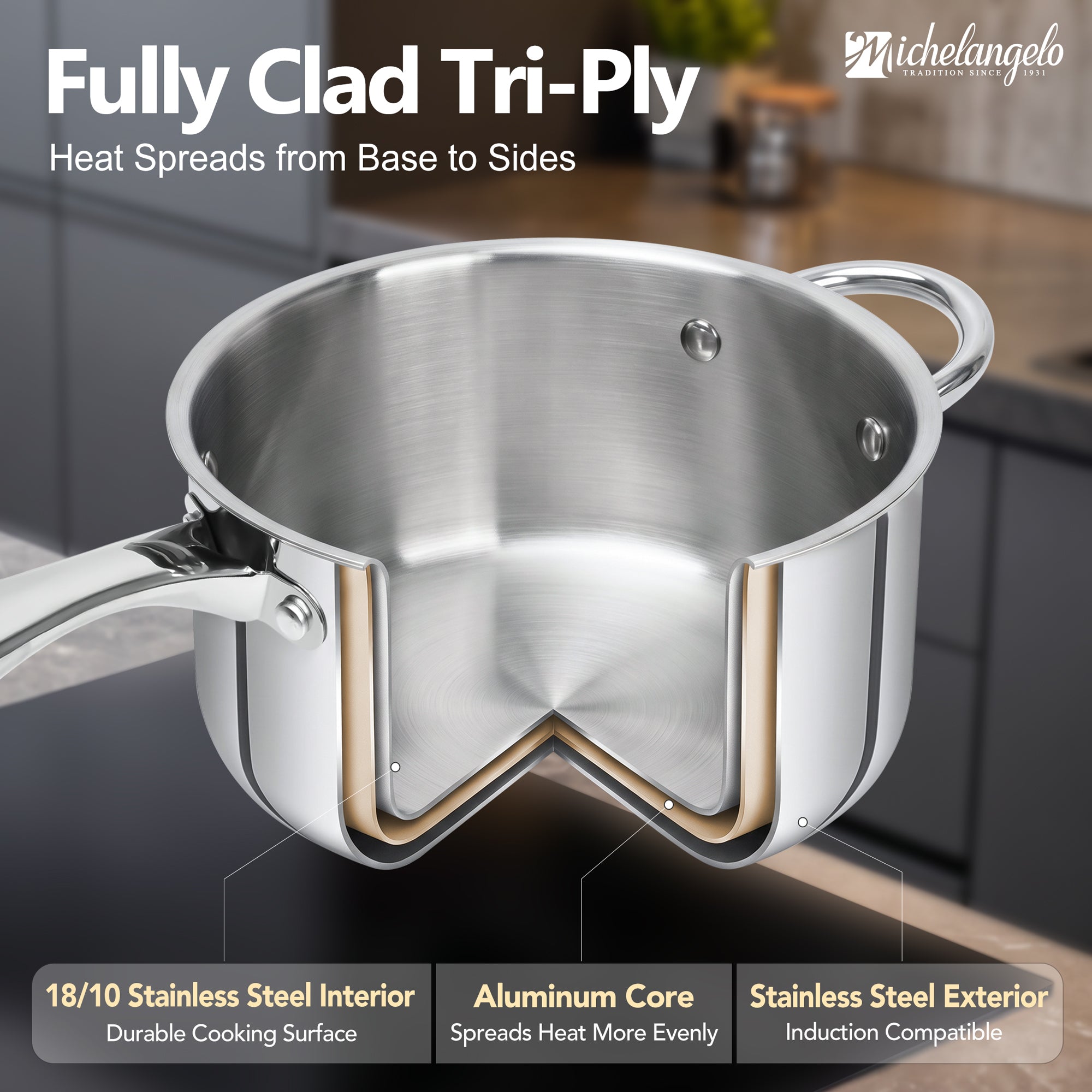 MICHELANGELO 4QT Tri-Ply Stainless Steel Saucepan with Lid, Helper Handle