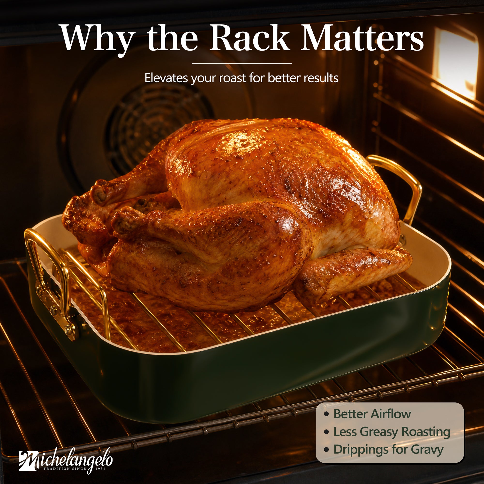 MICHELANGELO Turkey Roasting Pan with Rack, 15 x 13 Inch, Olive Green/Gold