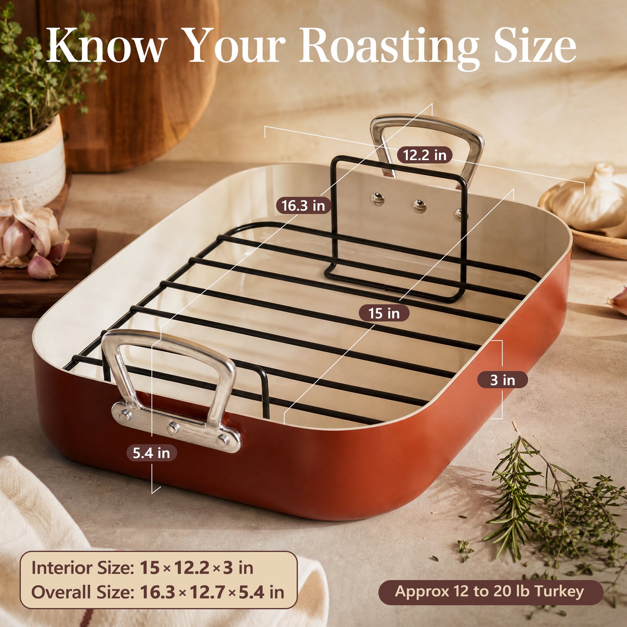 MICHELANGELO Ceramic Roasting Pan with Rack, 15 x 13 Inch, Brick Red