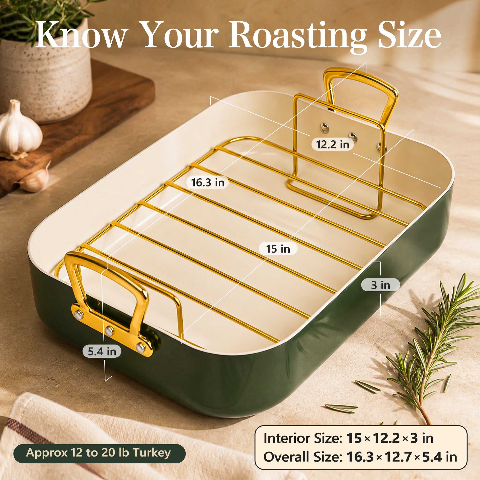 MICHELANGELO Turkey Roasting Pan with Rack, 15 x 13 Inch, Olive Green/Gold