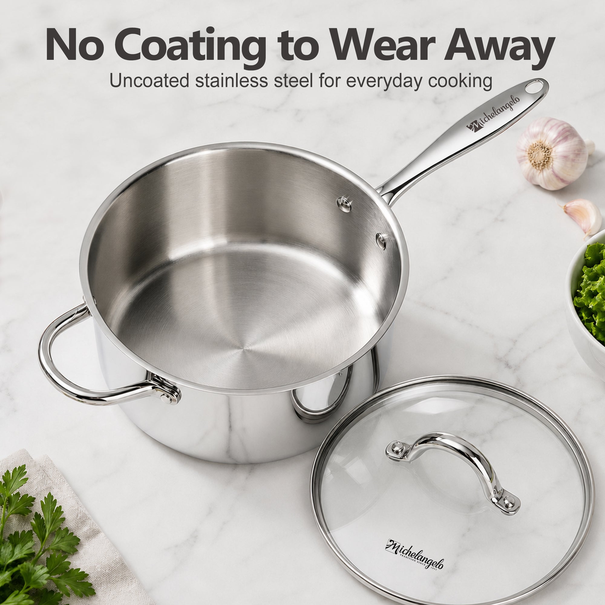 MICHELANGELO 4QT Tri-Ply Stainless Steel Saucepan with Lid, Helper Handle