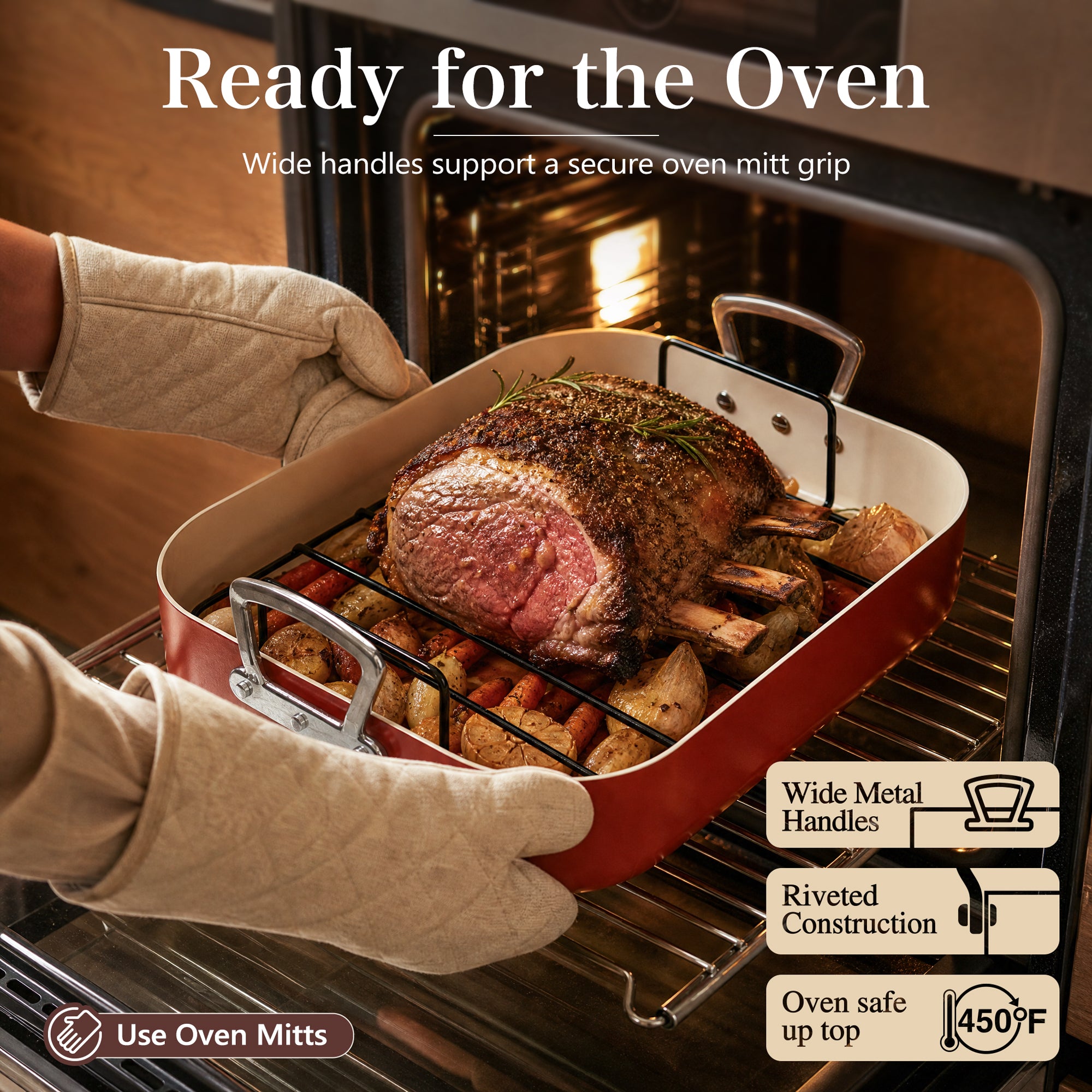 MICHELANGELO Ceramic Roasting Pan with Rack, 15 x 13 Inch, Brick Red