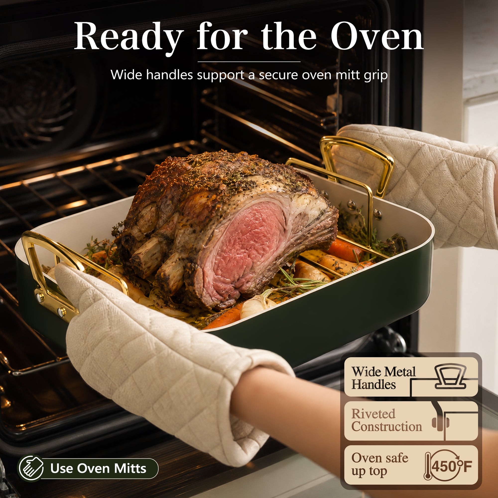 MICHELANGELO Turkey Roasting Pan with Rack, 15 x 13 Inch, Olive Green/Gold