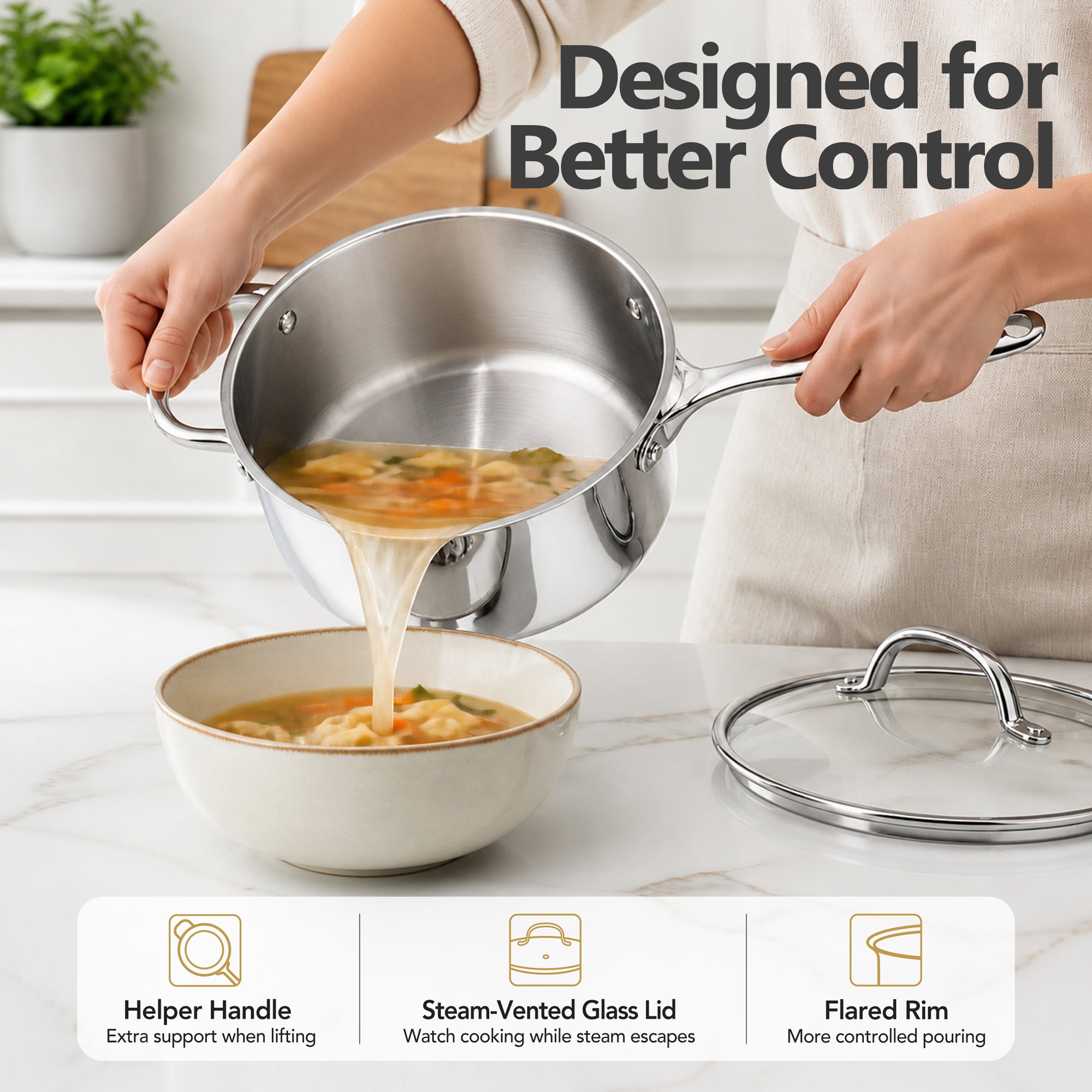 MICHELANGELO 4QT Tri-Ply Stainless Steel Saucepan with Lid, Helper Handle