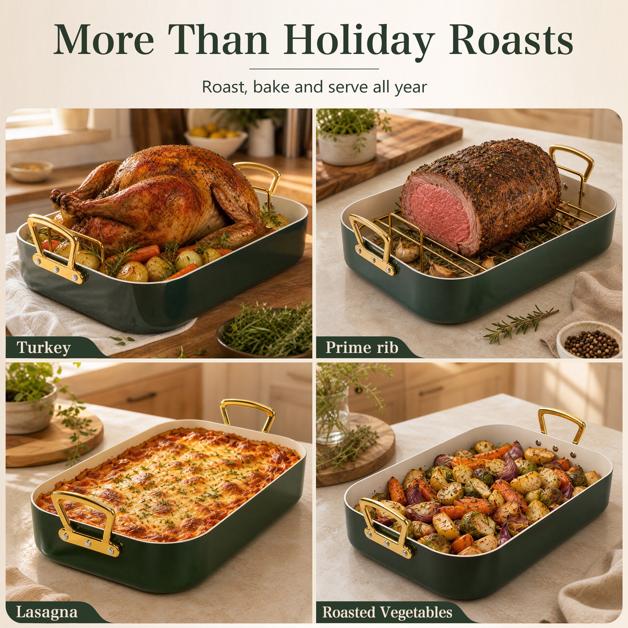 MICHELANGELO Turkey Roasting Pan with Rack, 15 x 13 Inch, Olive Green/Gold