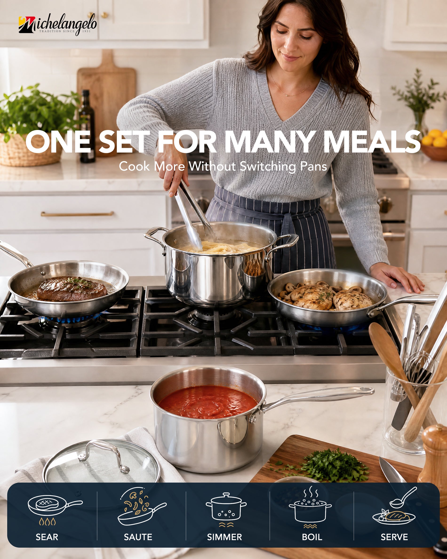 MICHELANGELO 5-Ply Stainless Steel Cookware Set, 23-Piece Pots and Pans Set