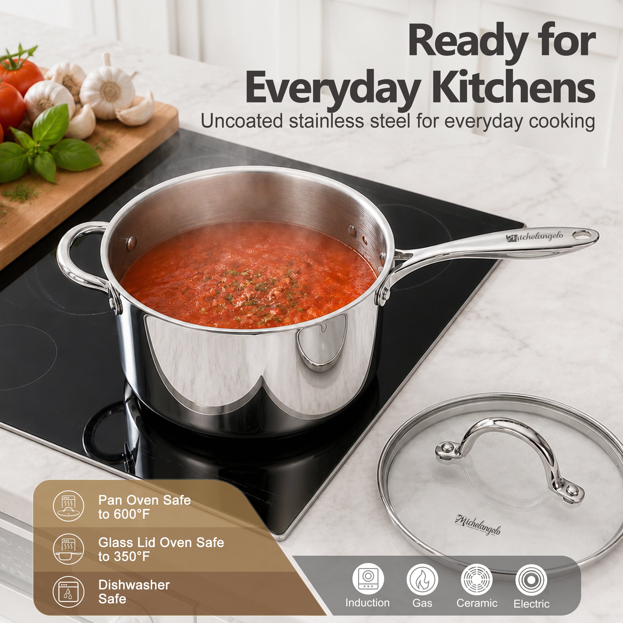 MICHELANGELO 4QT Tri-Ply Stainless Steel Saucepan with Lid, Helper Handle