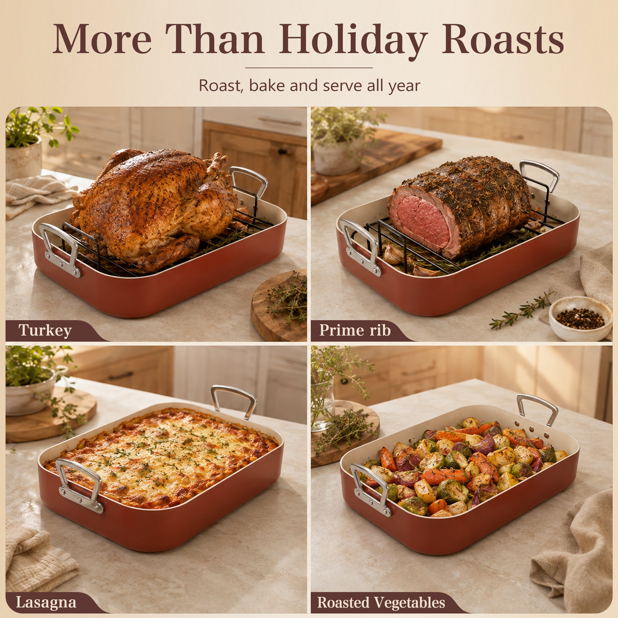 MICHELANGELO Ceramic Roasting Pan with Rack, 15 x 13 Inch, Brick Red