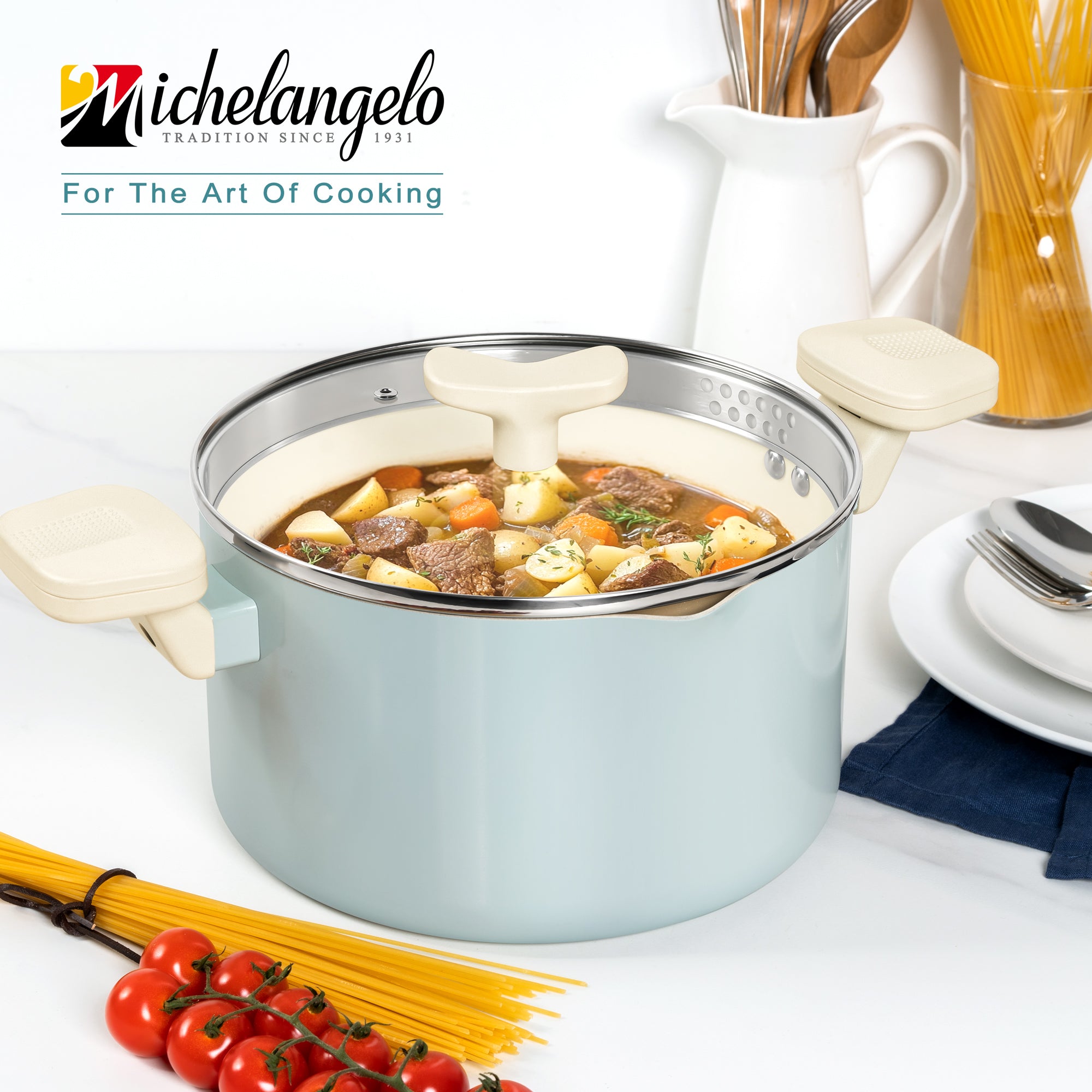MICHELANGELO Pasta Pot with Strainer Lid- 6 Quart Non Stick  Cooking Pot Soft Aqua