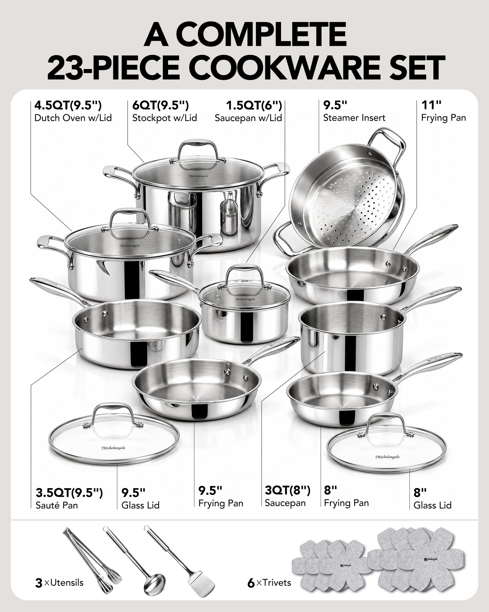 MICHELANGELO 5-Ply Stainless Steel Cookware Set, 23-Piece Pots and Pans Set