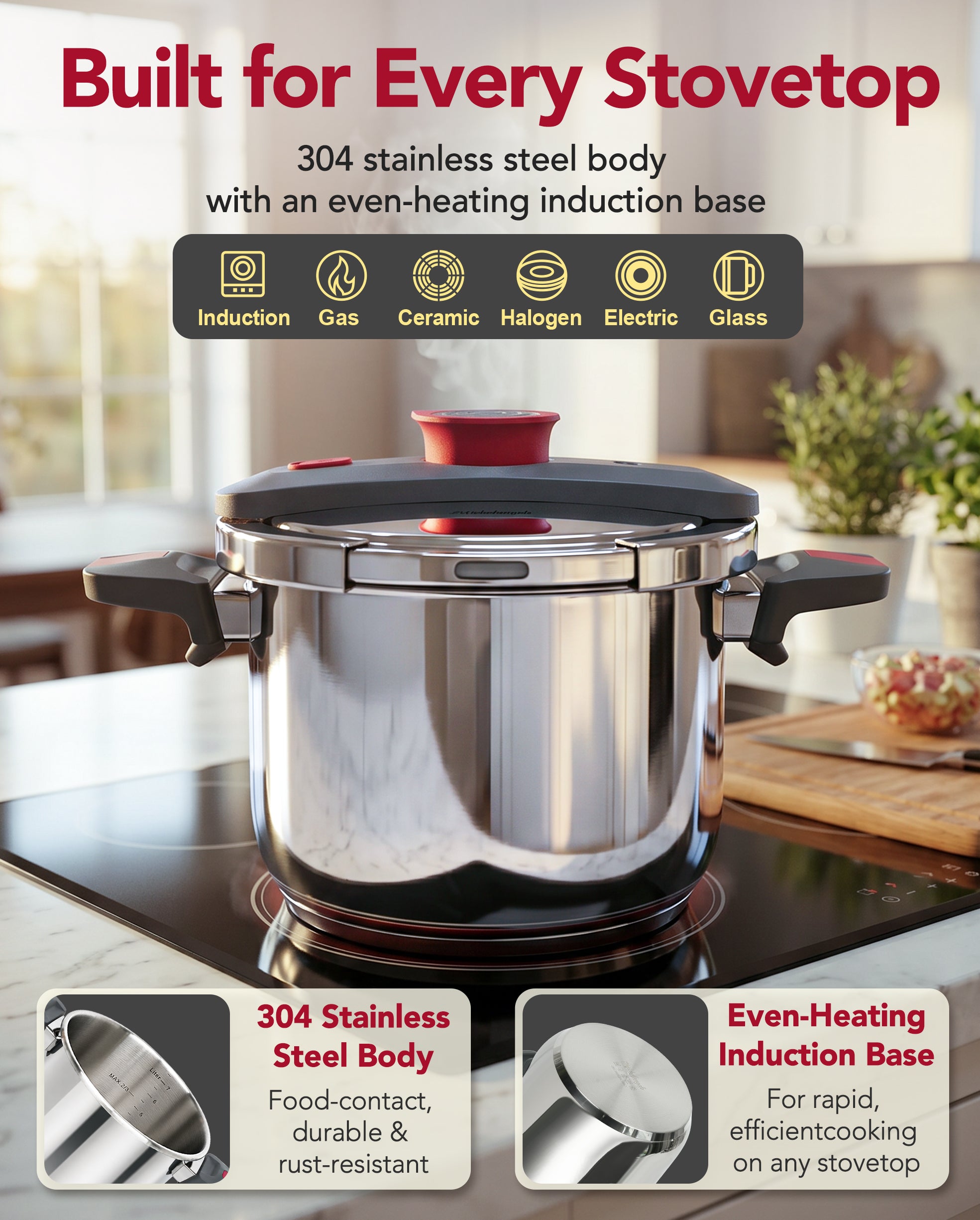 MICHELANGELO Stovetop Pressure Cooker Stainless Steel, 6.3 qt, 304 Stainless Steel