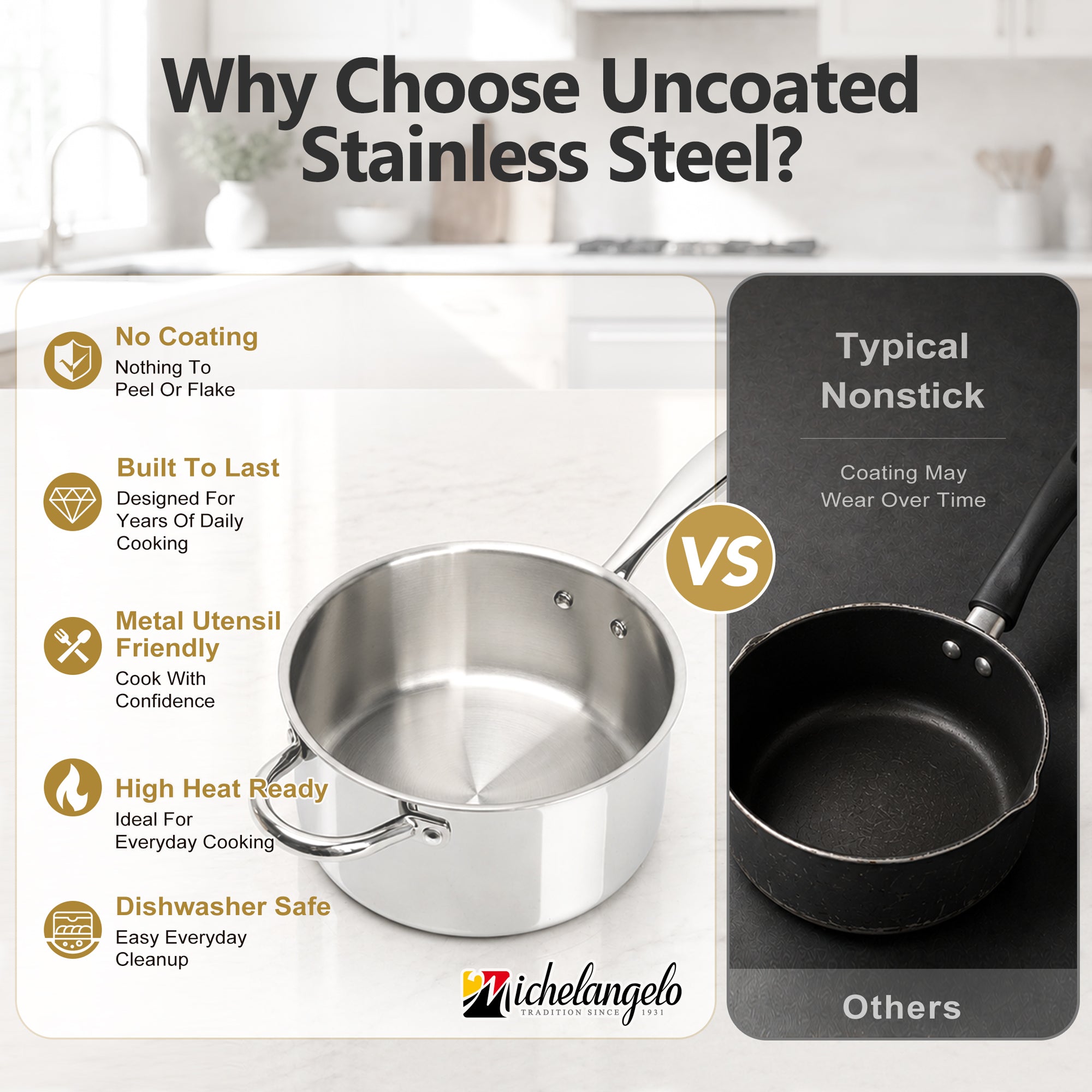 MICHELANGELO 4QT Tri-Ply Stainless Steel Saucepan with Lid, Helper Handle