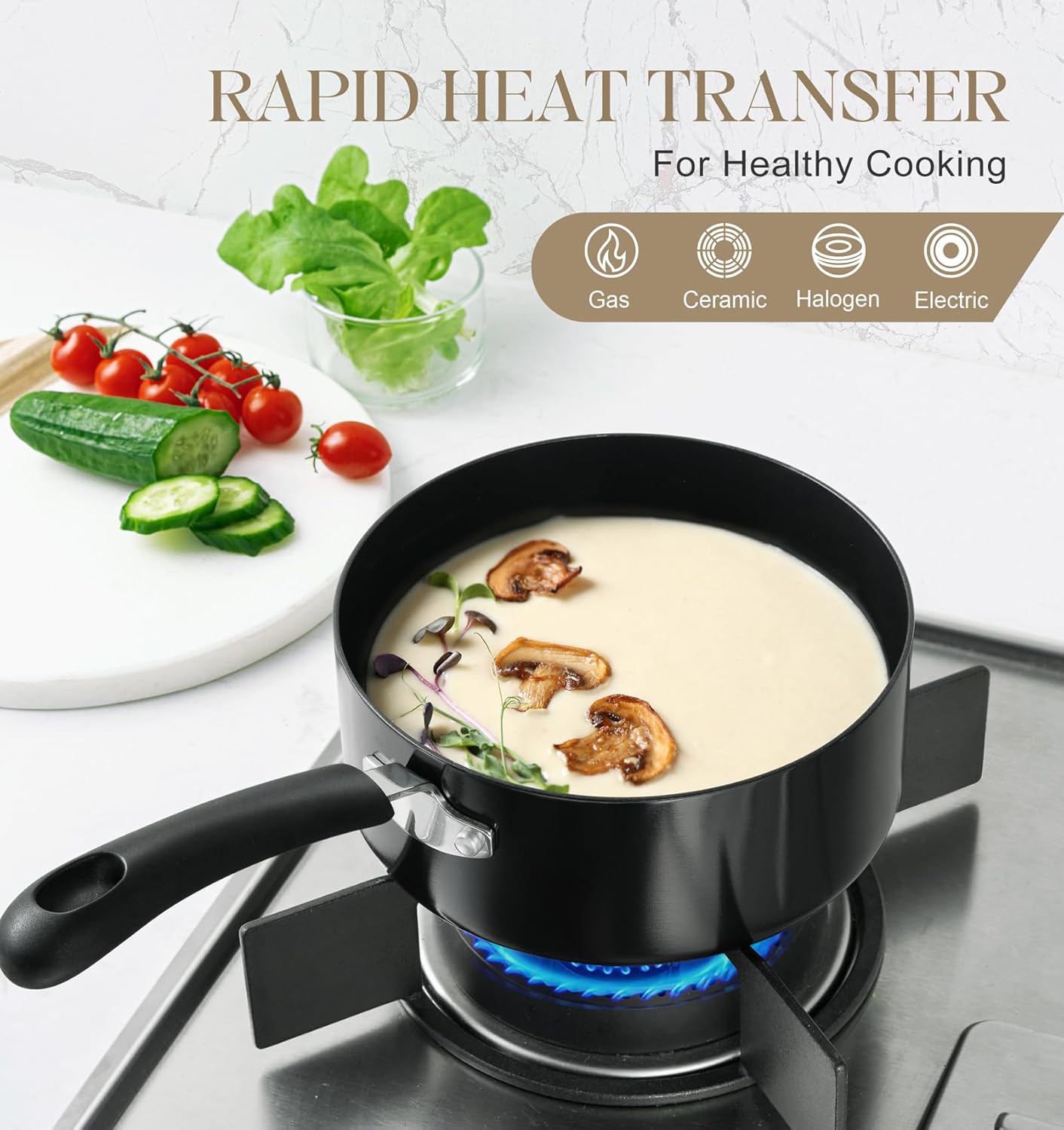 MICHELANGELO Nonstick Saucepan with Lid Ceramic Small Sauce Pan, Black