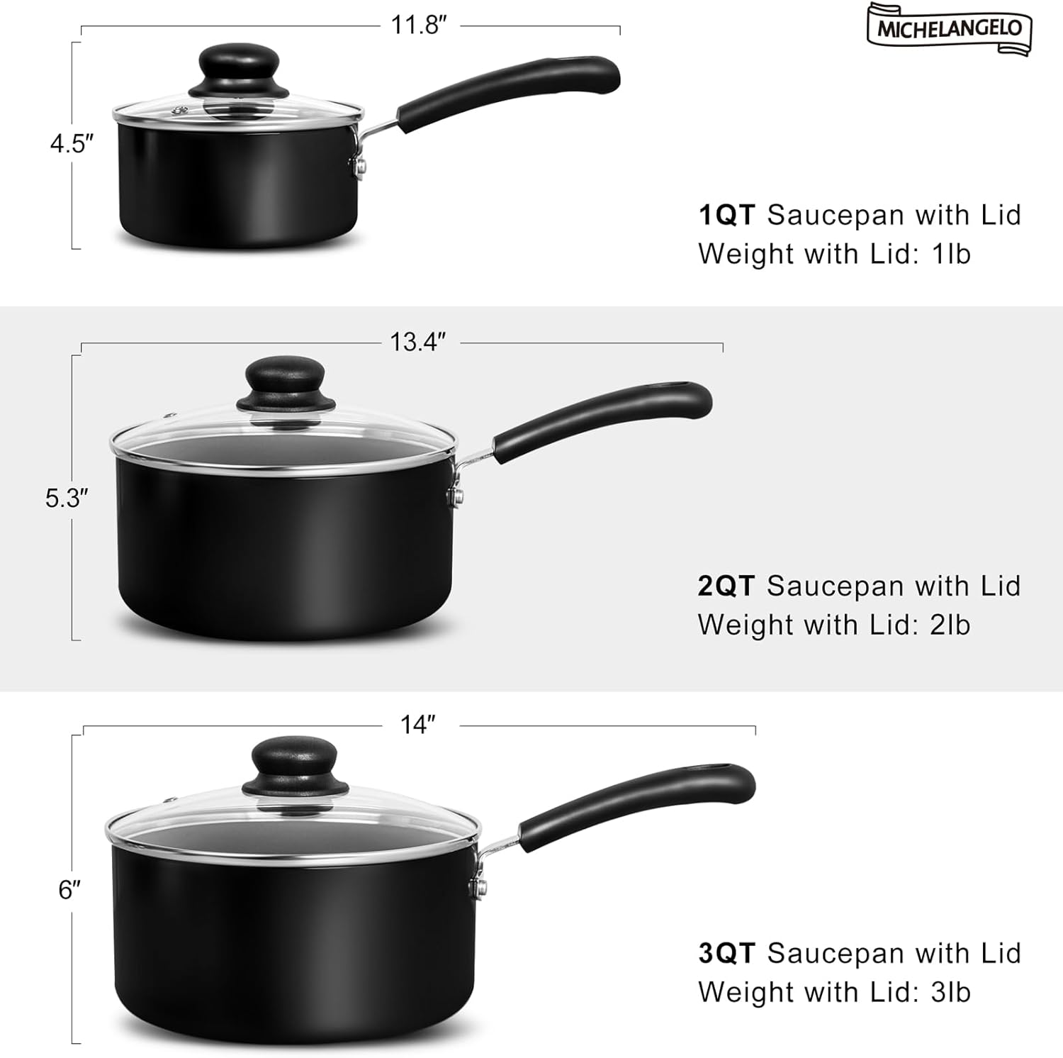 MICHELANGELO Nonstick Saucepan with Lid Ceramic Small Sauce Pan, Black