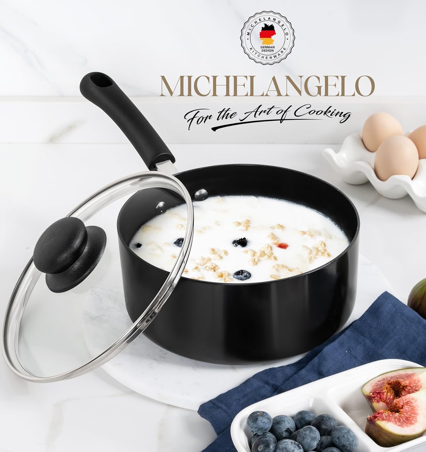 MICHELANGELO Nonstick Saucepan with Lid Ceramic Small Sauce Pan, Black