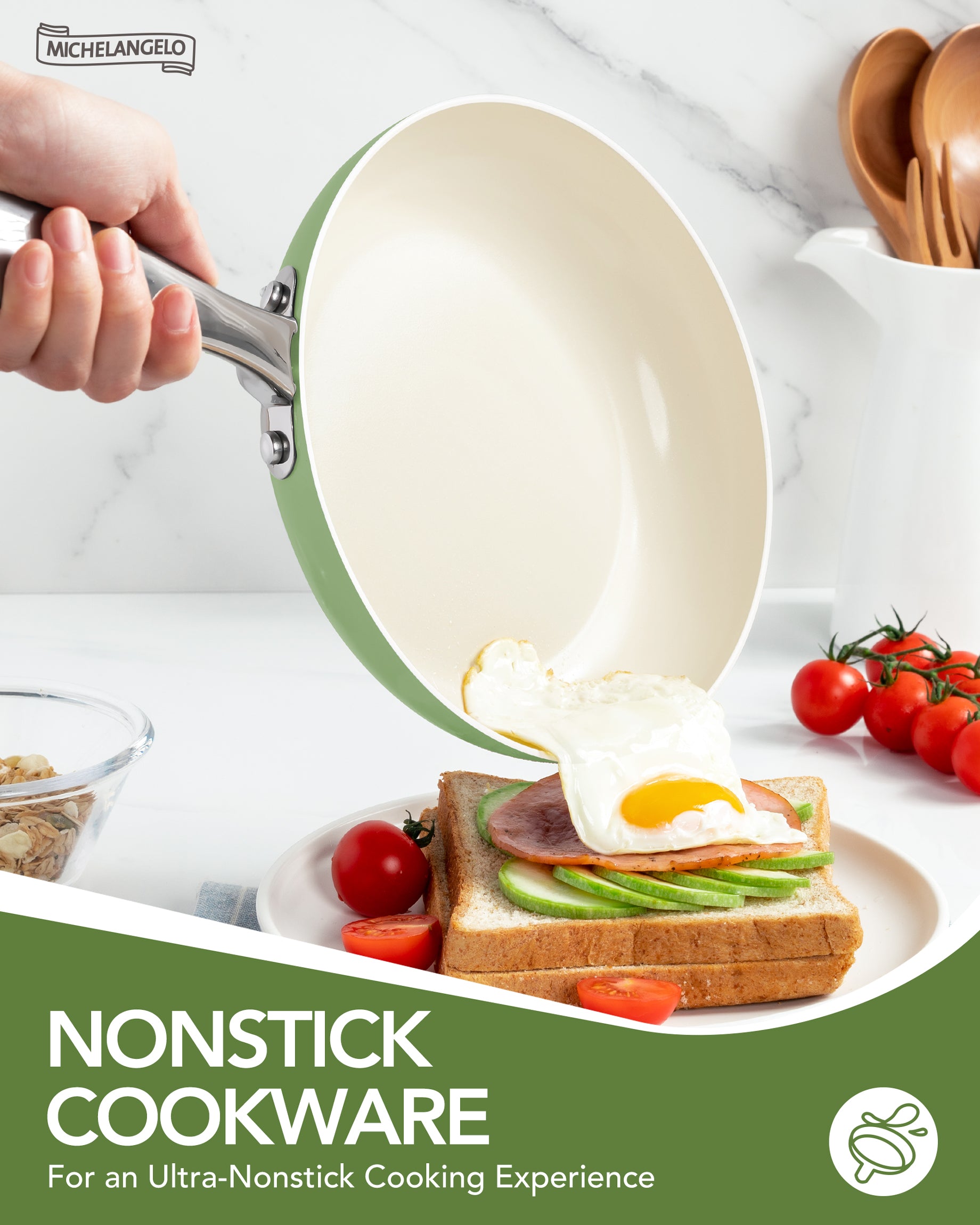 MICHELANGELO Pots and Pans Set Non Stick - Ceramic Cookware Set Non Toxic, Green