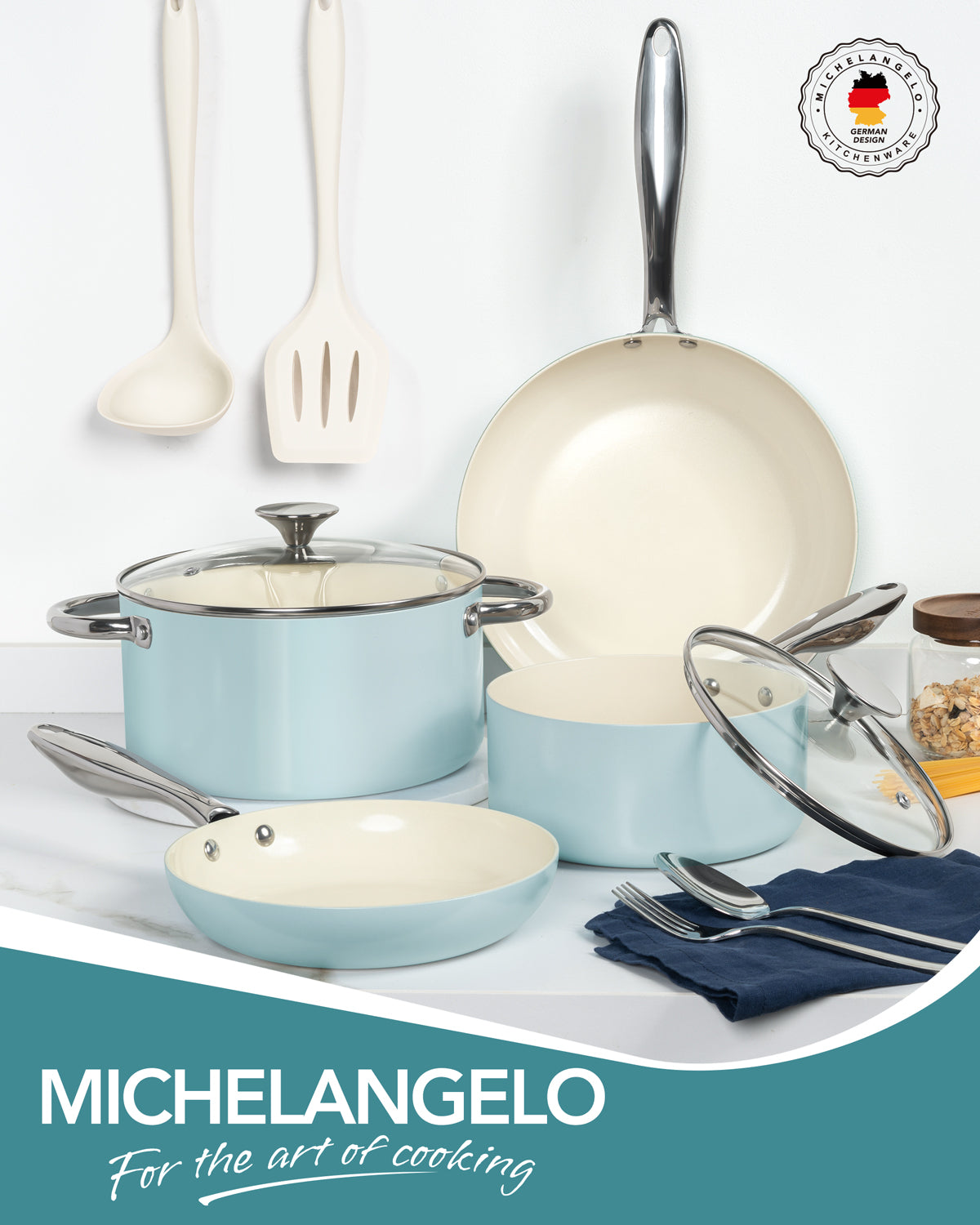 MICHELANGELO Pots and Pans Set Non Stick - Ceramic Cookware Set Non Toxic, Blue