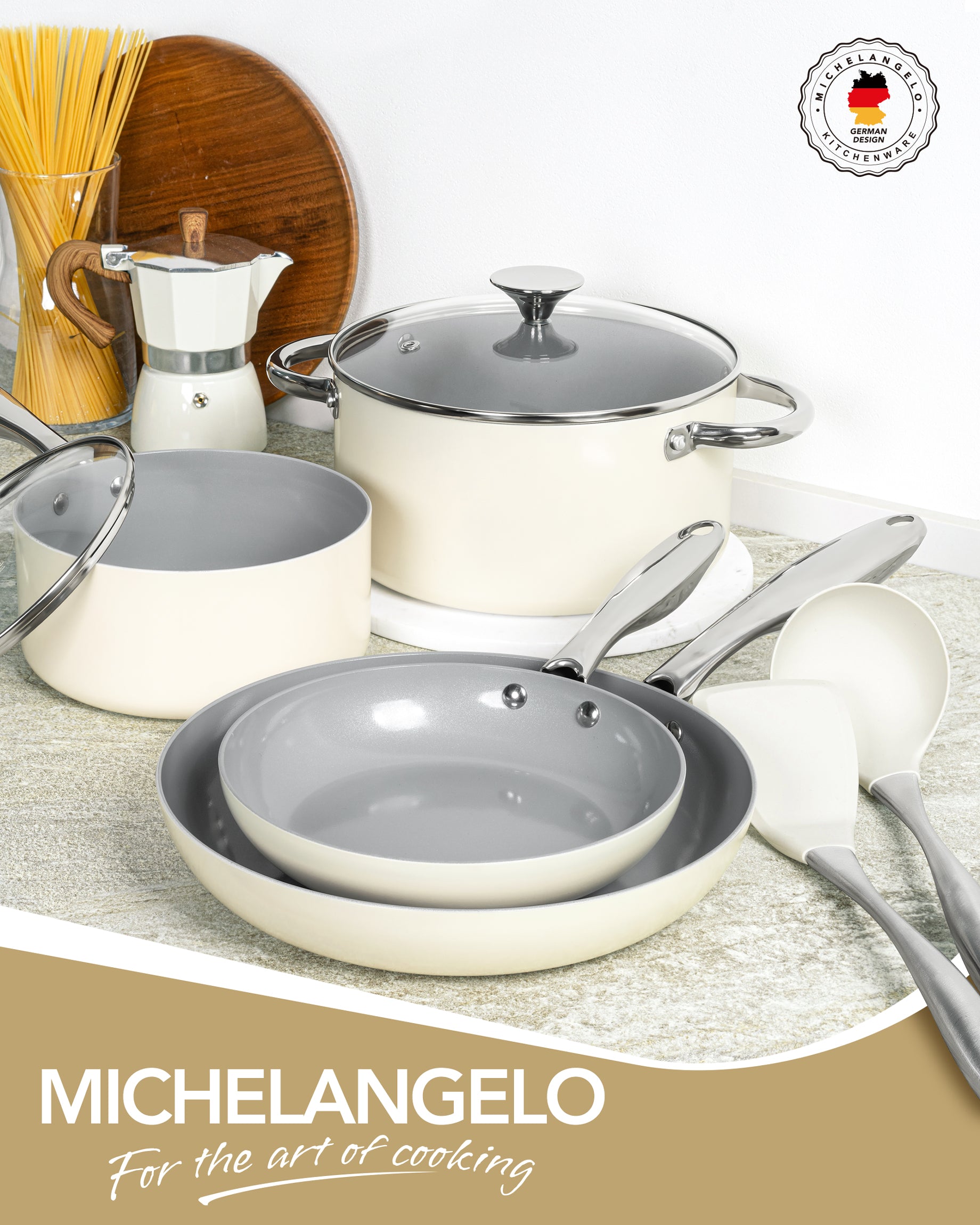 MICHELANGELO Cookware Set 8 Piece Nonstick Ceramic Pots and Pans Set Cream