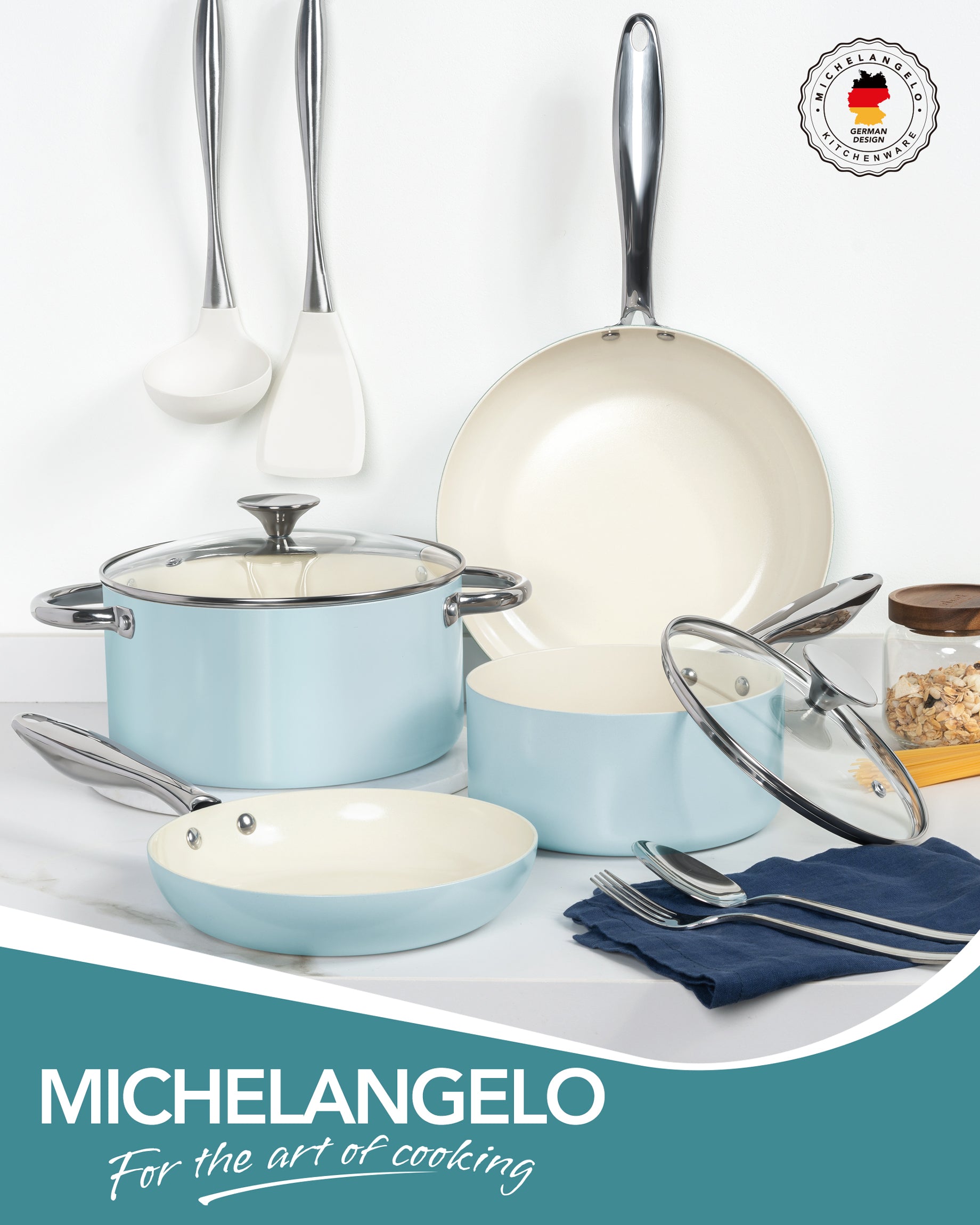 MICHELANGELO Cookware Set 8 Piece Nonstick Ceramic Pots and Pans Set Blue