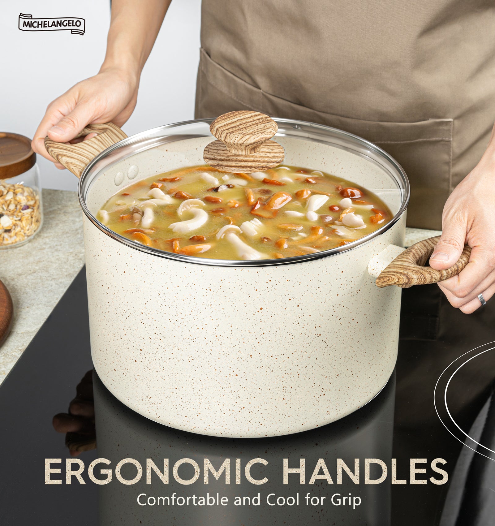 MICHELANGELO Stock Pot with Lid Nonstick Cooking Pot White Granite