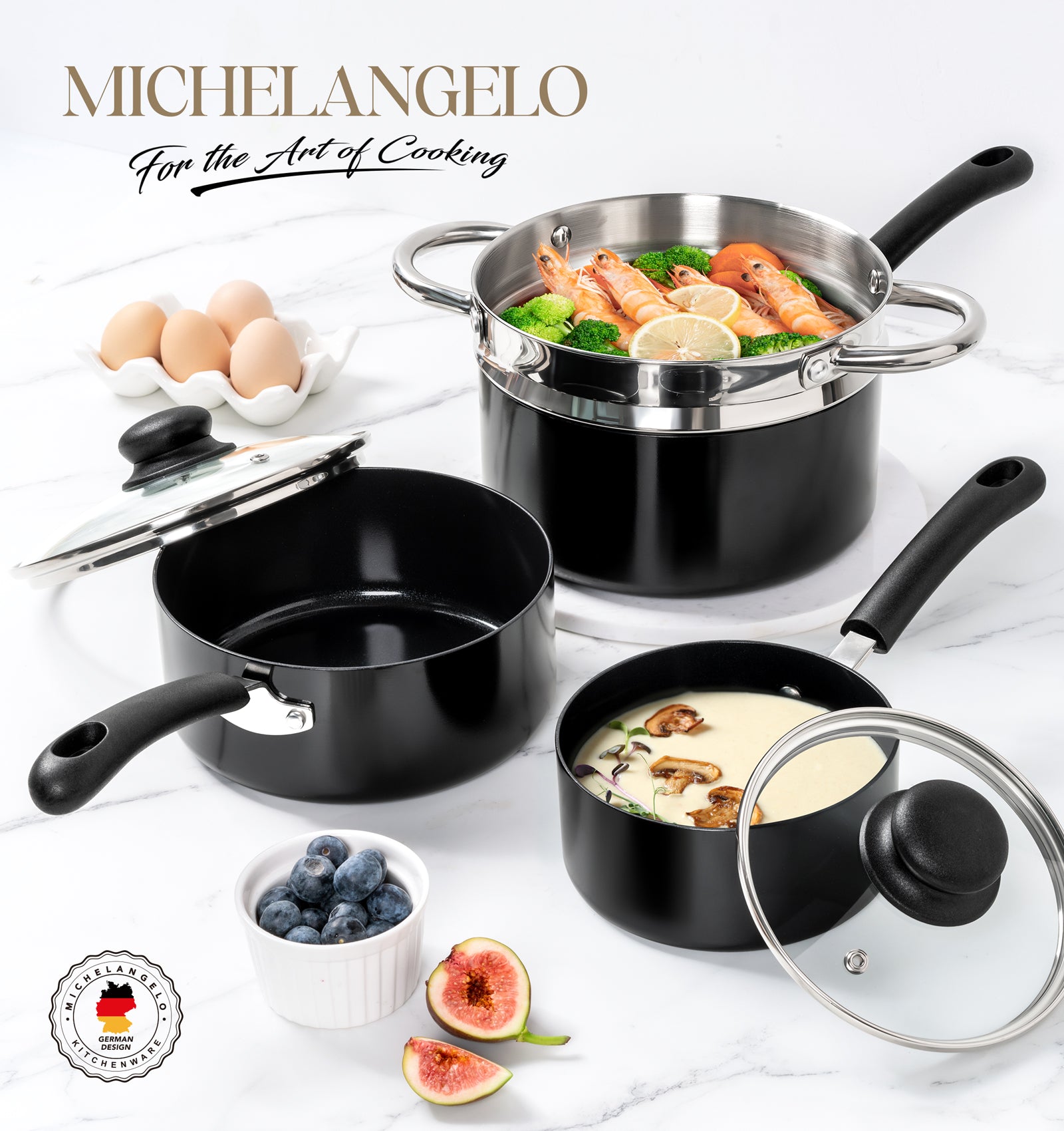 MICHELANGELO Nonstick 1QT & 2QT & 3QT Saucepan with Steamer, Black