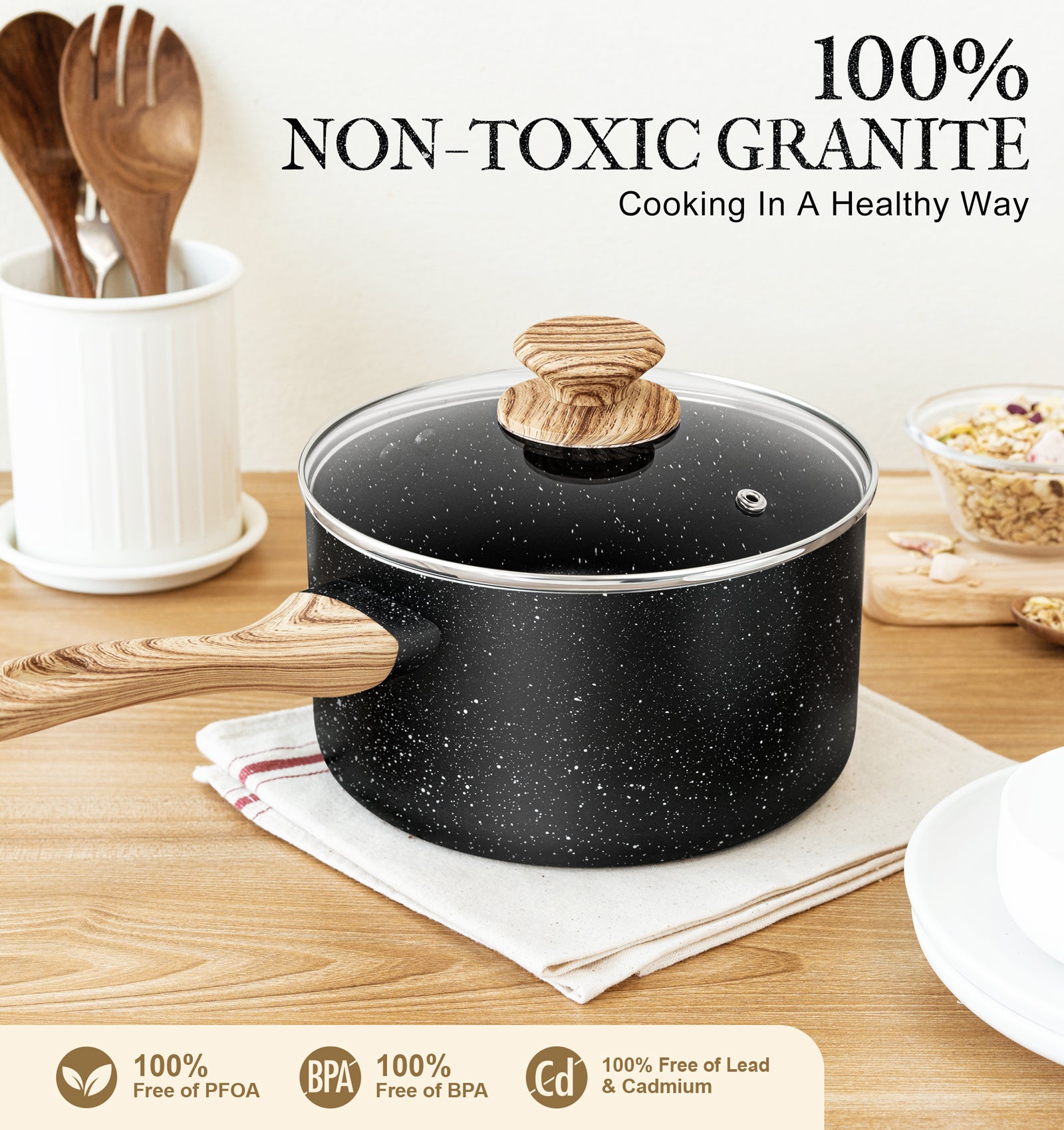 MICHELANGELO 3 Quart Saucepan with Lid, Granite Coating Sauce Pan