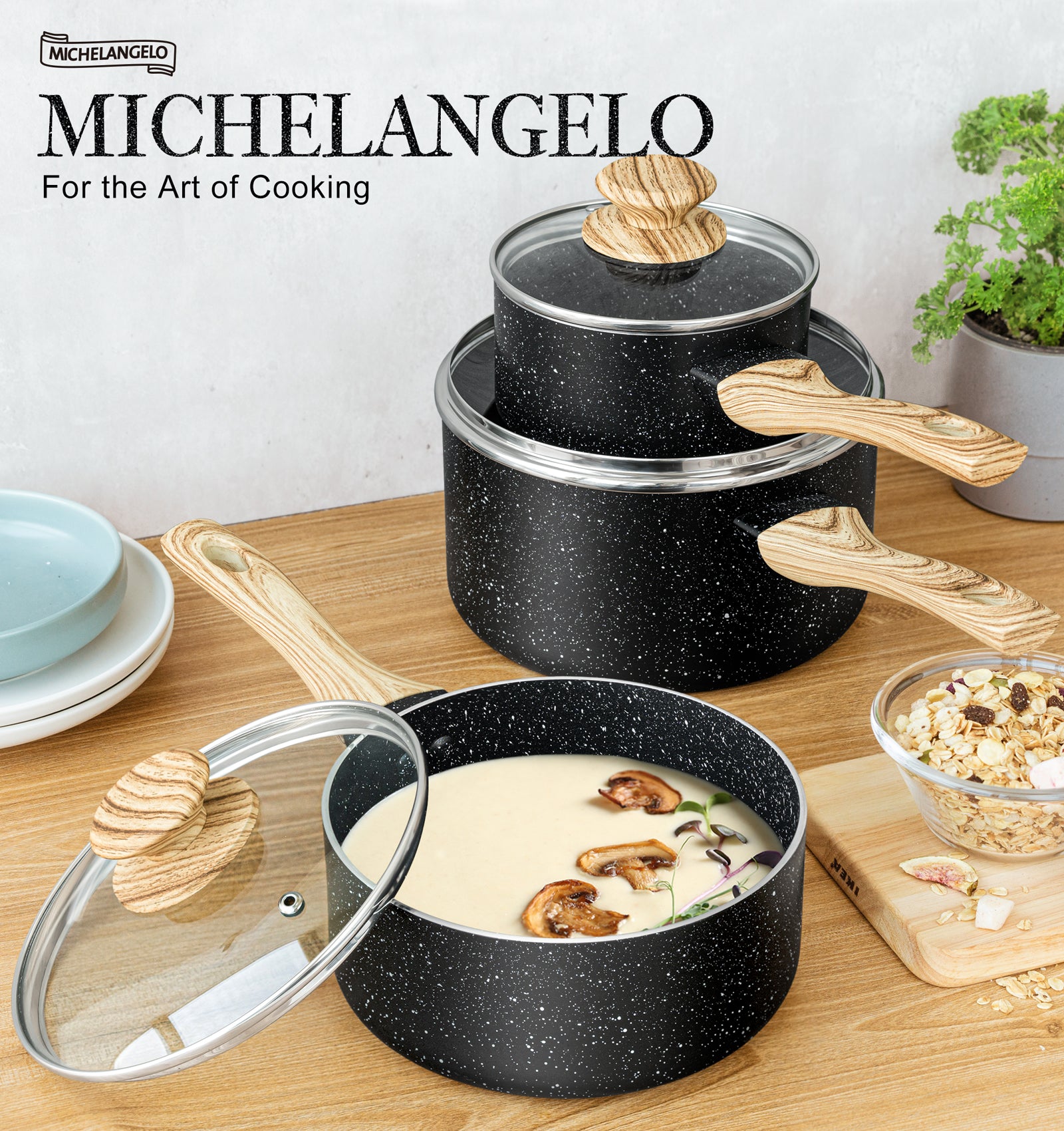 MICHELANGELO 3 Quart Saucepan with Lid, Granite Coating Sauce Pan