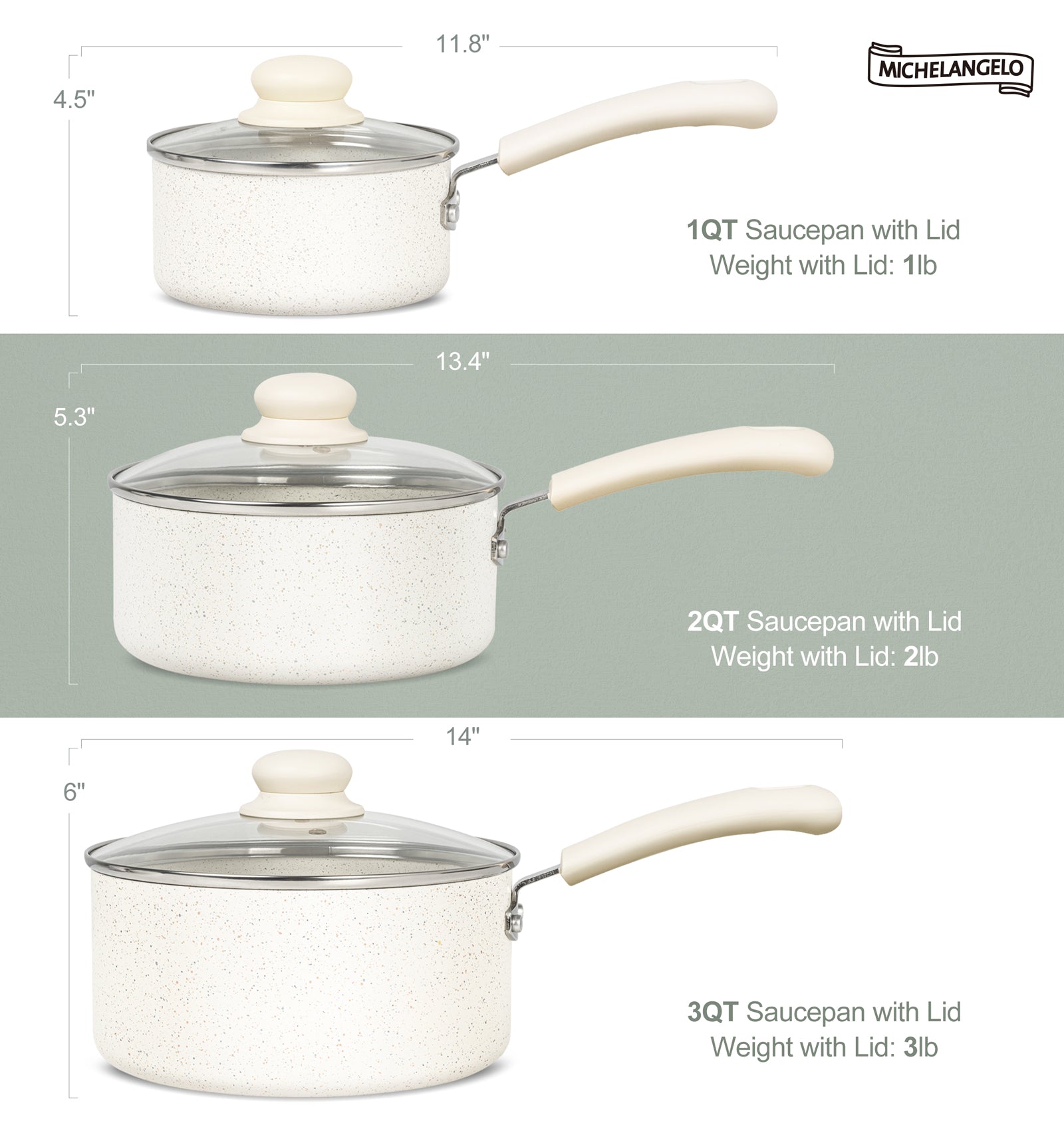 MICHELANGELO Sauce Pan With Lid, Granite Nonstick Saucepans Set, 1QT&2QT&3QT