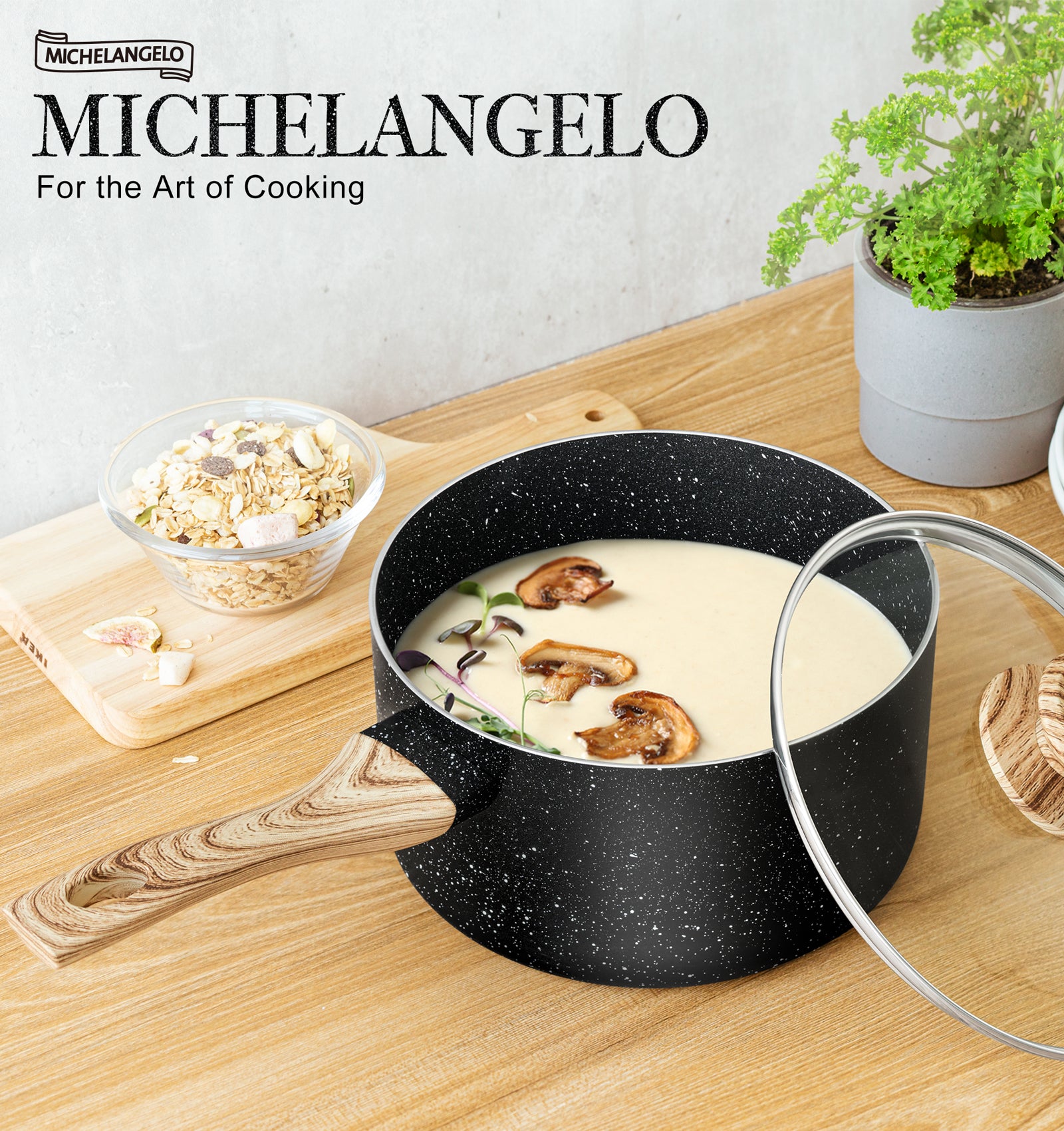 MICHELANGELO 3 Quart Saucepan with Lid, Granite Coating Sauce Pan