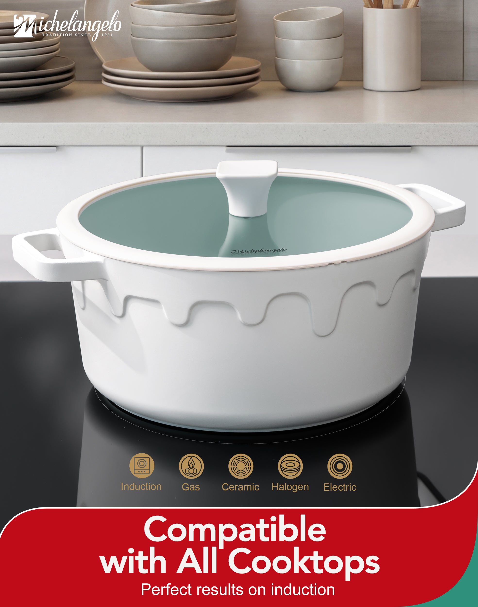 MICHELANGELO 8-Quart Soup Pot with Lid - Nonstick Large Ceramic Stock Pot for Induction Cooktop, Cream