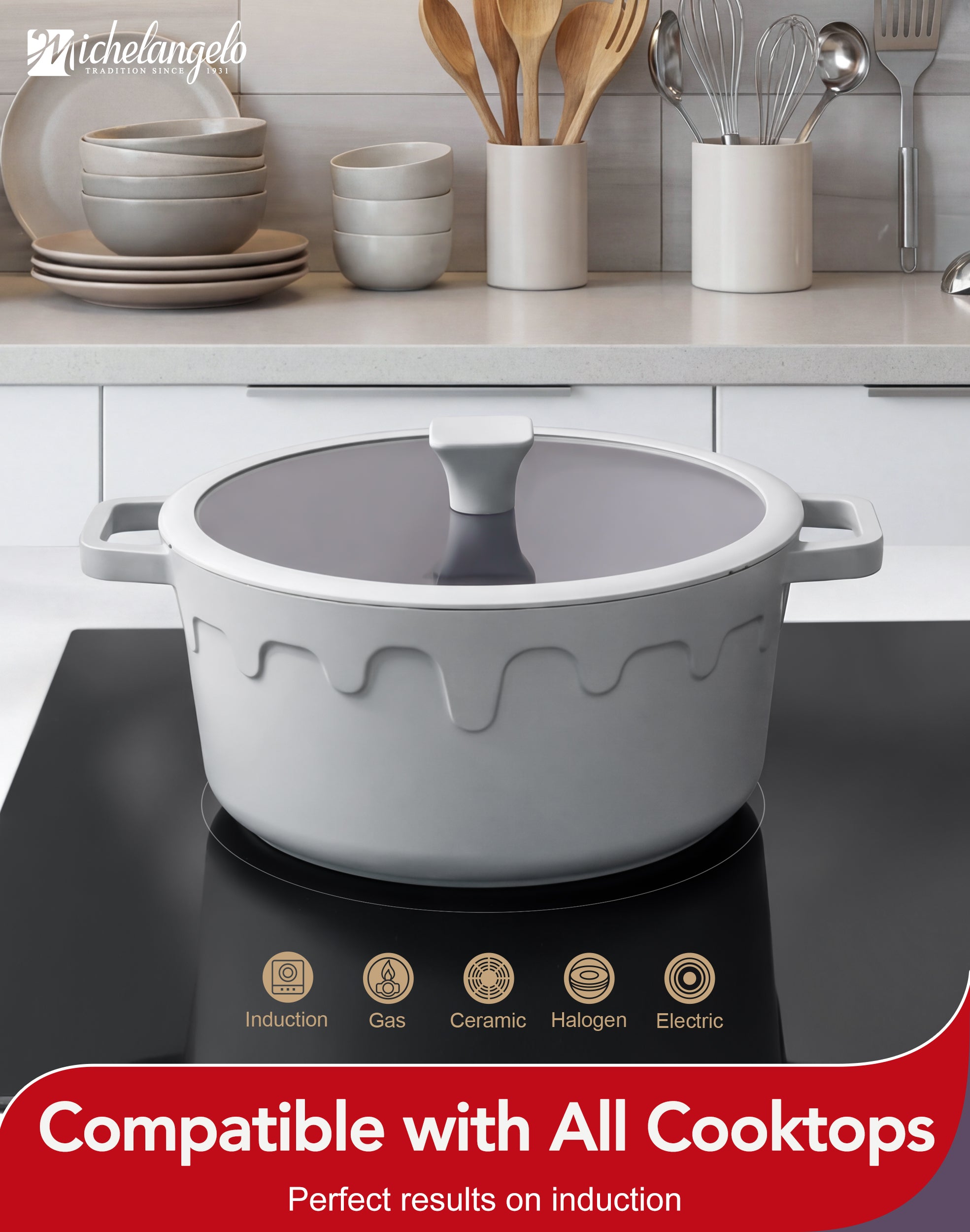 MICHELANGELO 8-Quart Soup Pot with Lid - Nonstick Large Ceramic Stock Pot for Induction Cooktop, Grey