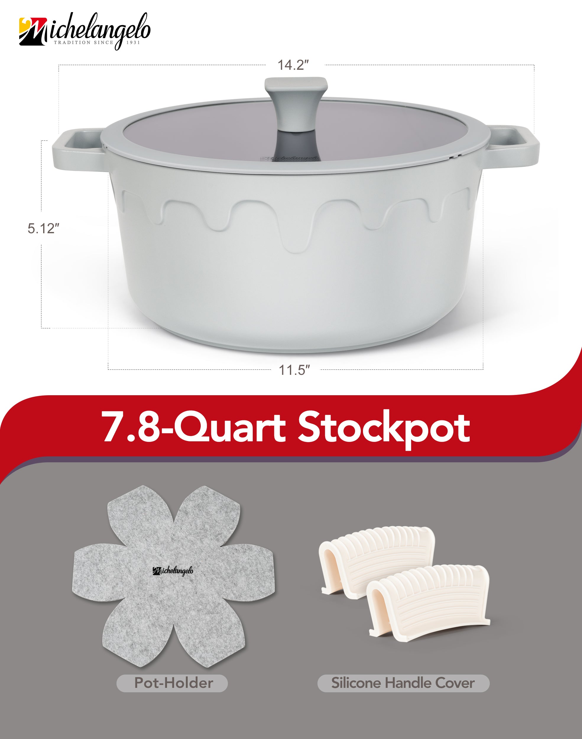 MICHELANGELO 8-Quart Soup Pot with Lid - Nonstick Large Ceramic Stock Pot for Induction Cooktop, Grey