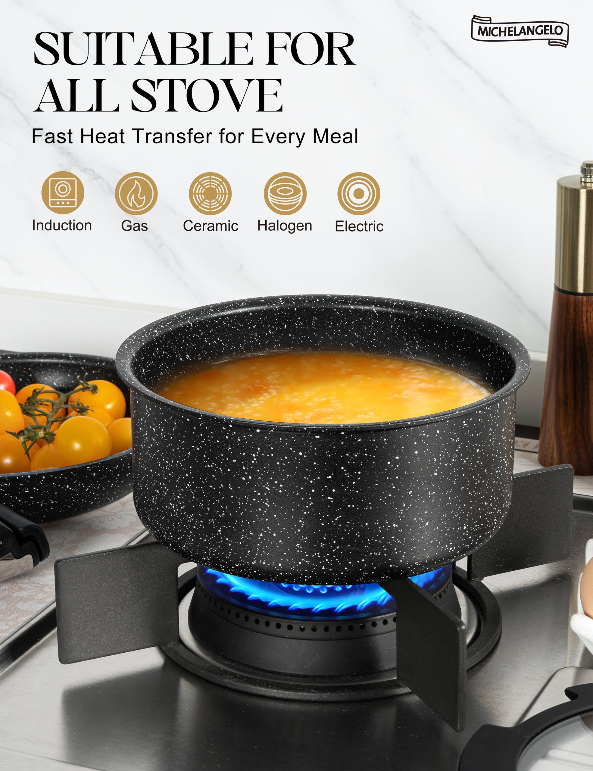 MICHELANGELO Pots and Pans Set Detachable Handle, 5Pcs, Black