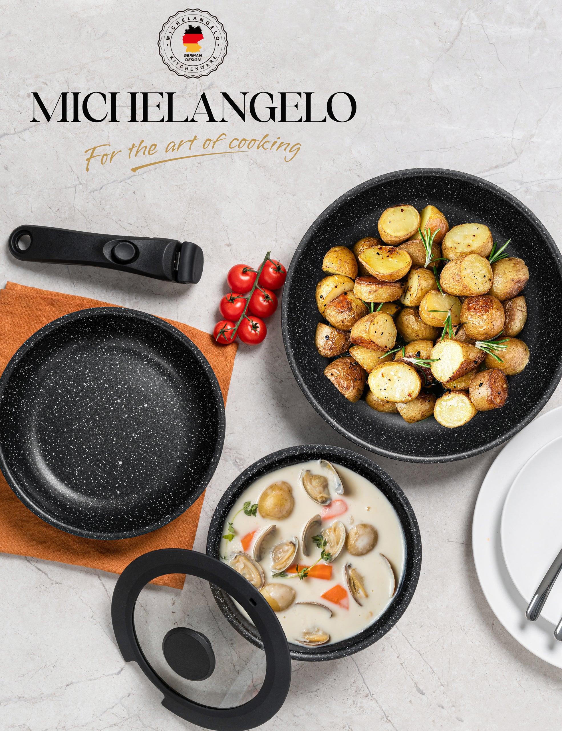 MICHELANGELO Pots and Pans Set Detachable Handle, 5Pcs, Black