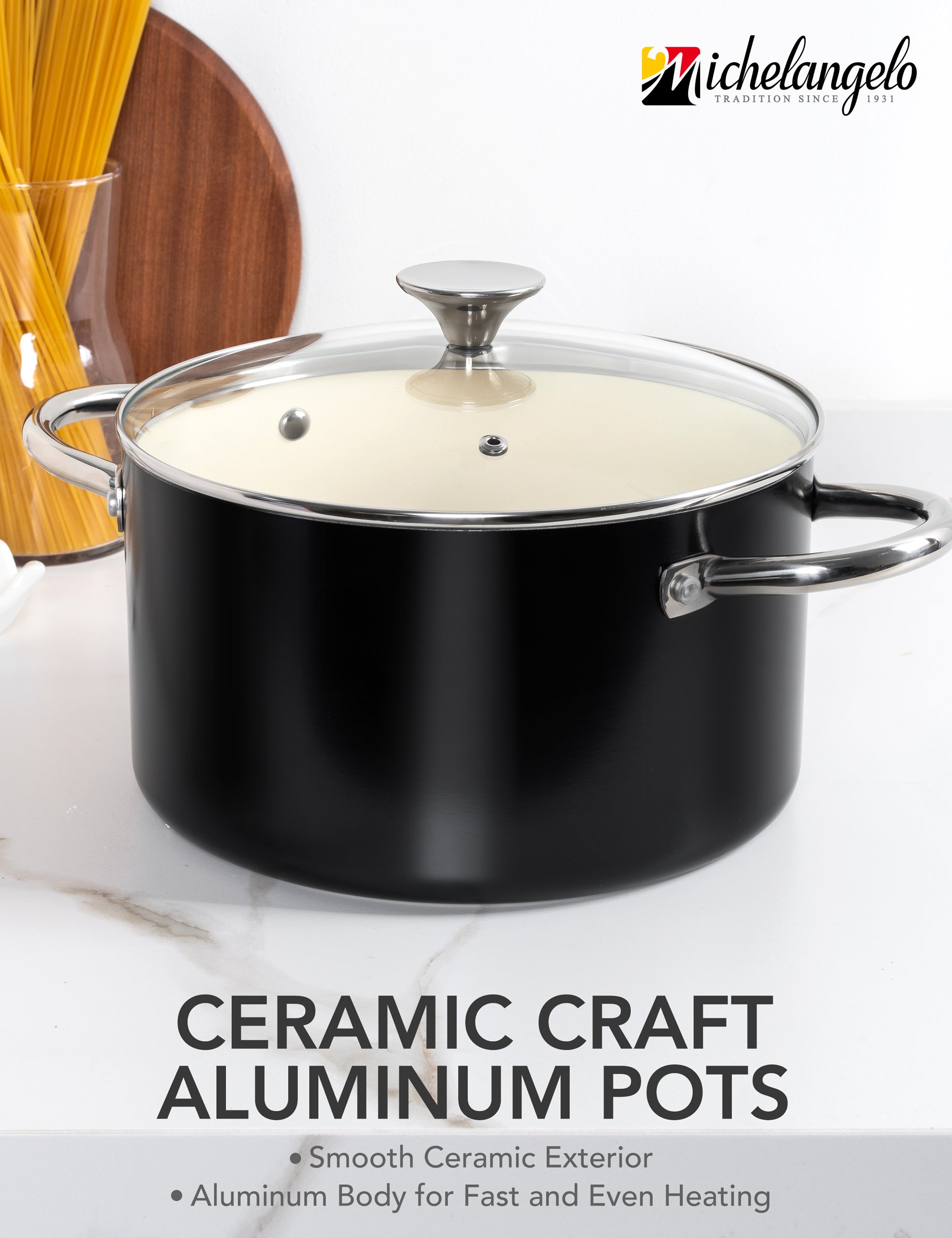 MICHELANGELO Stock Pot with Lid, Nonstick 6 Quart Soup Pot with Ceramic Coating, Black