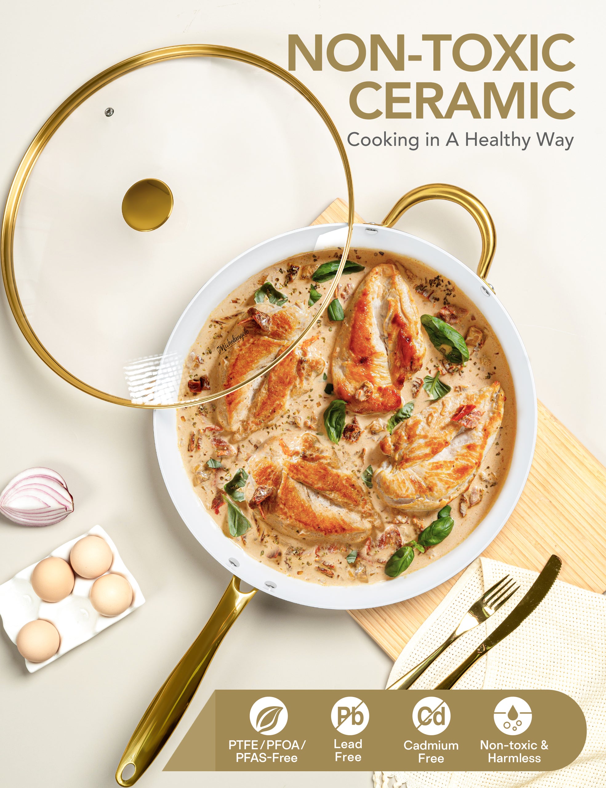 MICHELANGELO Large Frying Pan with Lid, 14 Inch Ceramic Skillet with Non-Toxic Coating